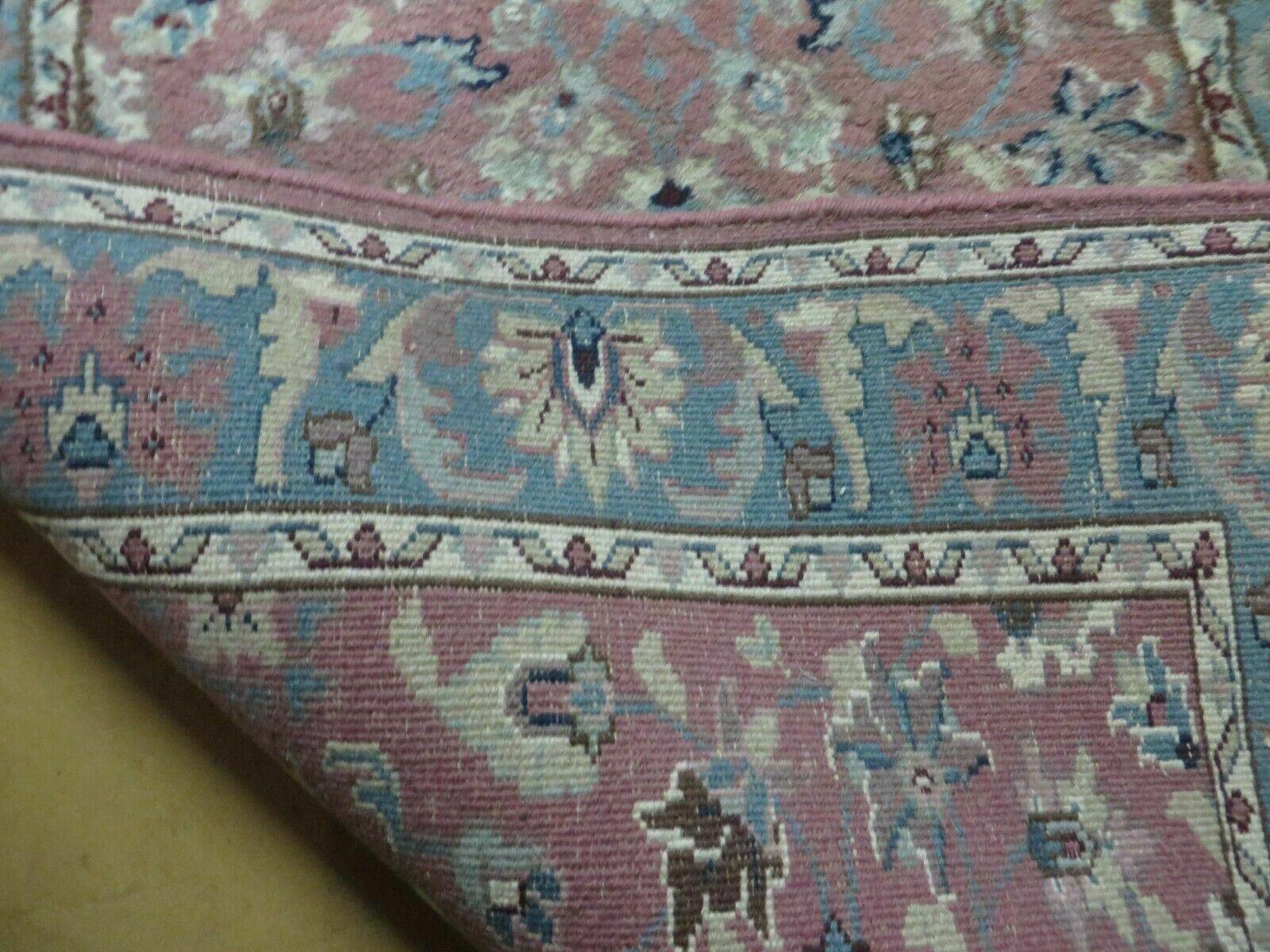 Indo Persian Runner Rug 2.8 x 12, Wool Hand Knotted, Pink and Light Blue