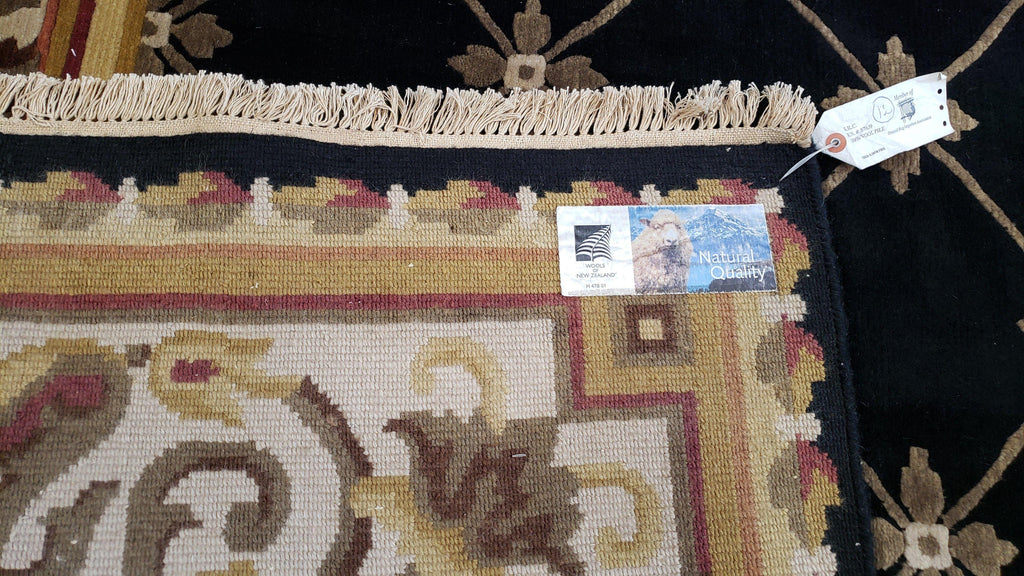 Nepal Rug 6x9, New Aubusson Nepalese Tibetan Carpet 6'1" x 8' 8", Hand-Knotted Wool, Unused, Black & Cream, Savonnerie Pattern, Soft Pile
