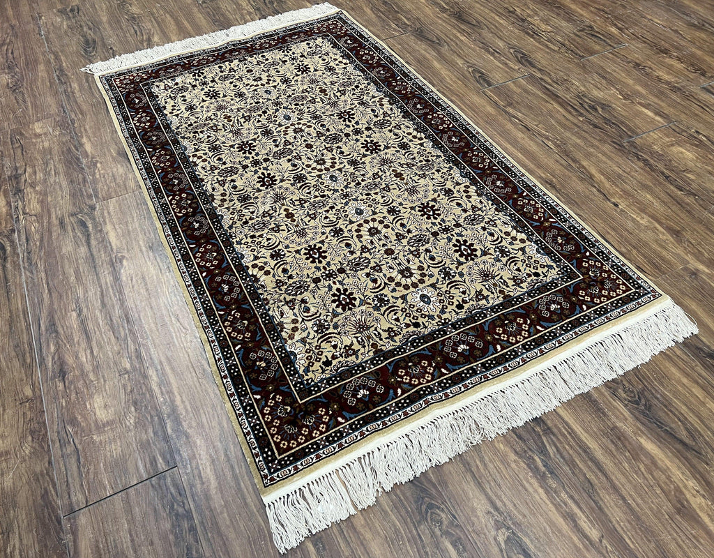 Fine Sino-Persian Silk Rug 3x5, High Quality Silk Carpet, Handmade Small Silk Rug, Allover Repeated Motif, Tan Maroon Blue Vintage Silk Rug