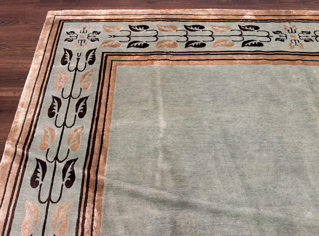 Palace Size Nepali Rug 9x18, Open Field, Light Mint Green, Wool Hand Knotted, Modern Contemporary