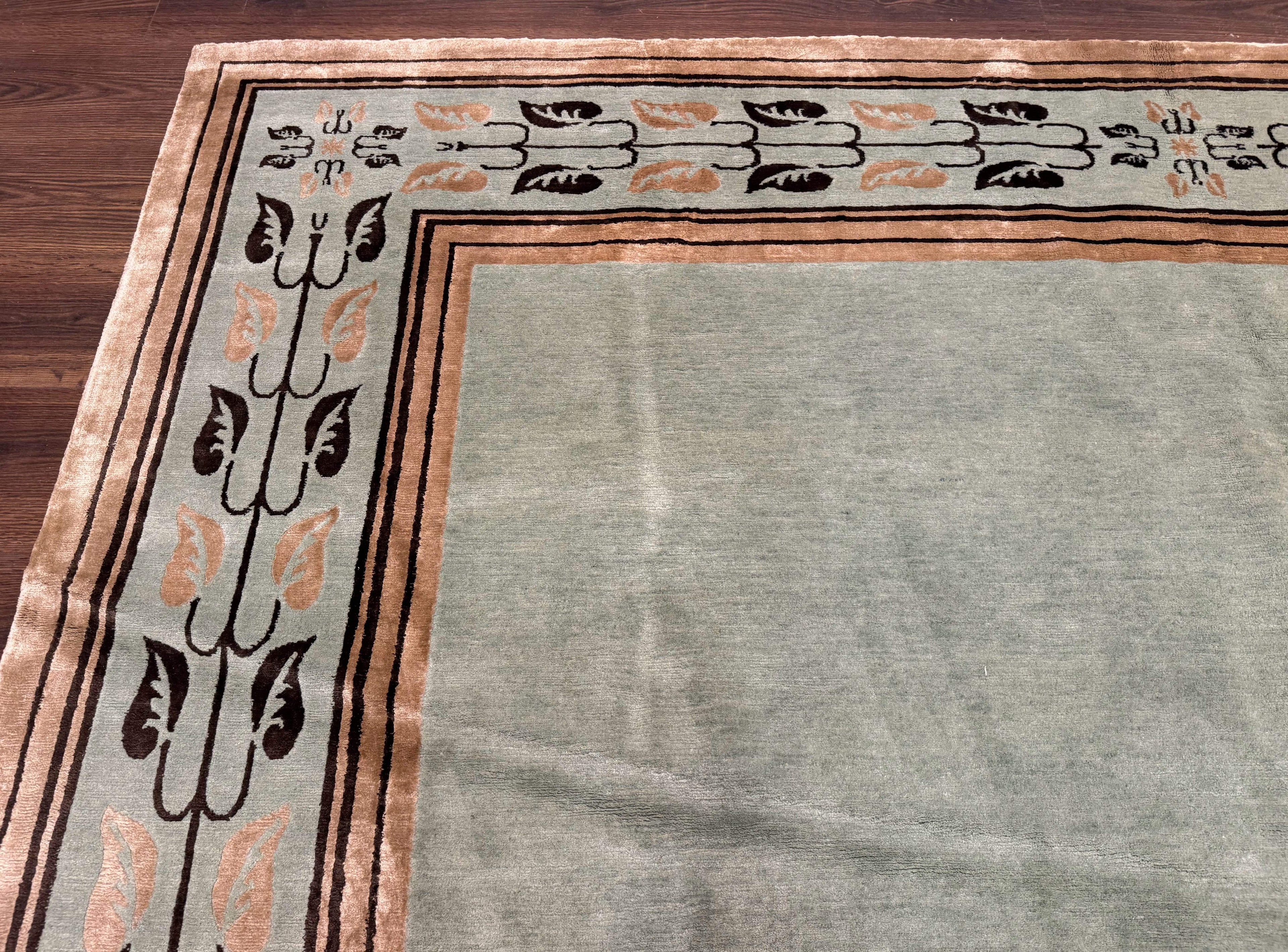 Palace Size Nepali Rug 9x18, Open Field, Light Mint Green, Wool Hand Knotted, Modern Contemporary