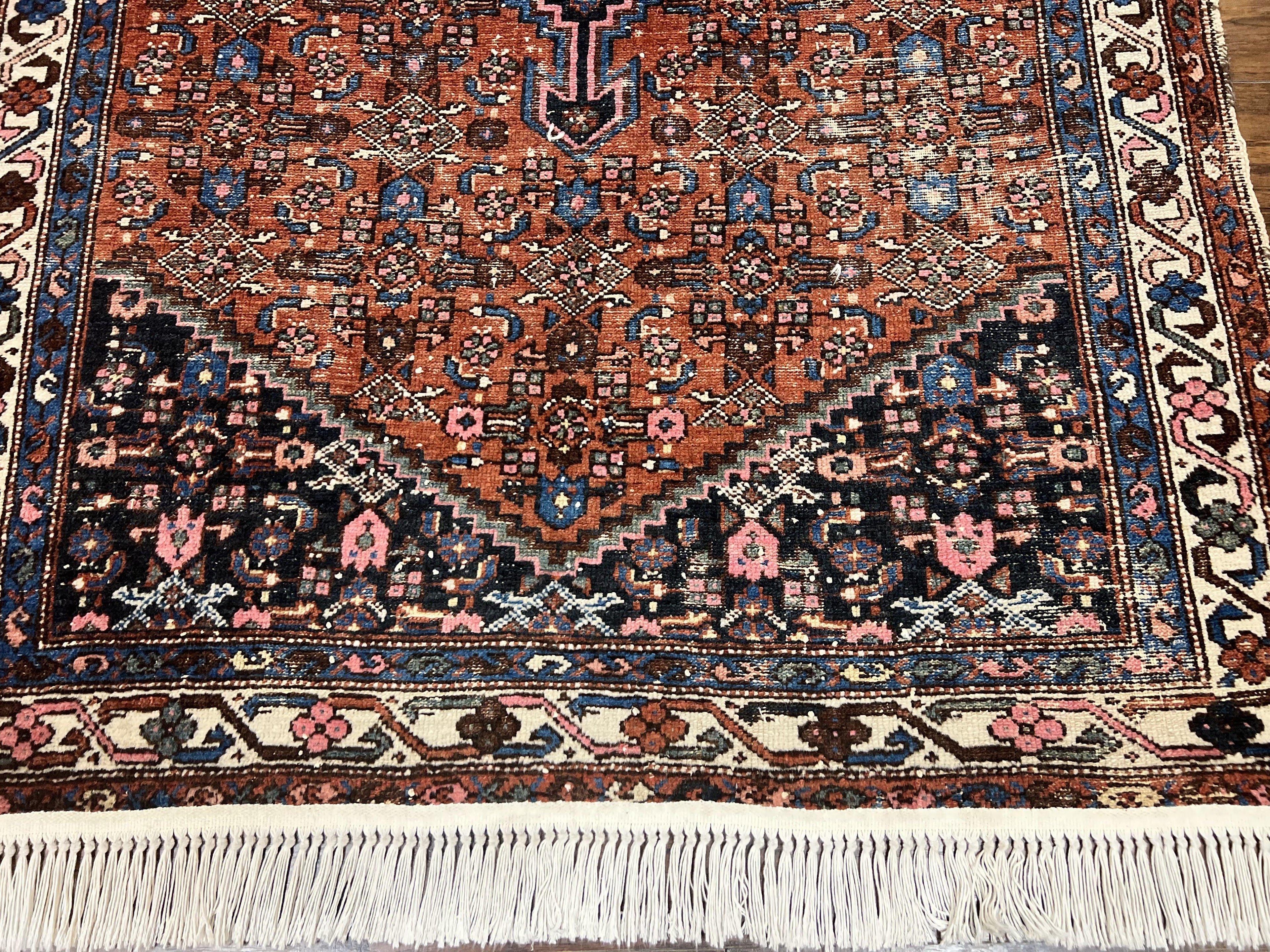 Red Persian Hamadan Rug 4x6, Wool Handmade Antique Carpet, Geometric Medallion Rug, Oriental Rug 4 x 6, Persian Tribal Rug, Hand Knotted Rug