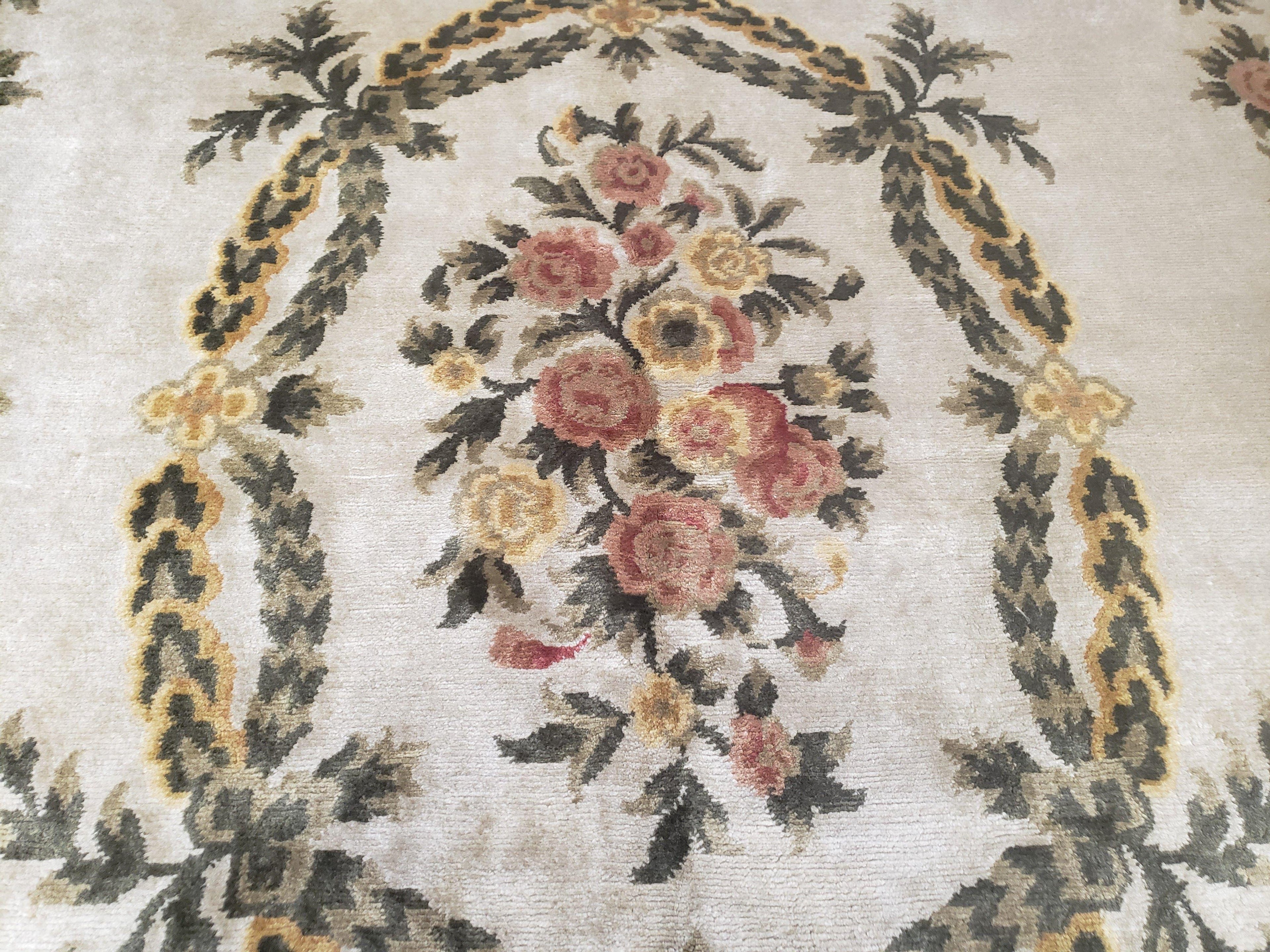 Aubusson Rug 10x14, Elegant French European Design, Vintage Handmade Carpet with Pile, Beige Floral Dining Room Rug, Living Room, Soft Wool
