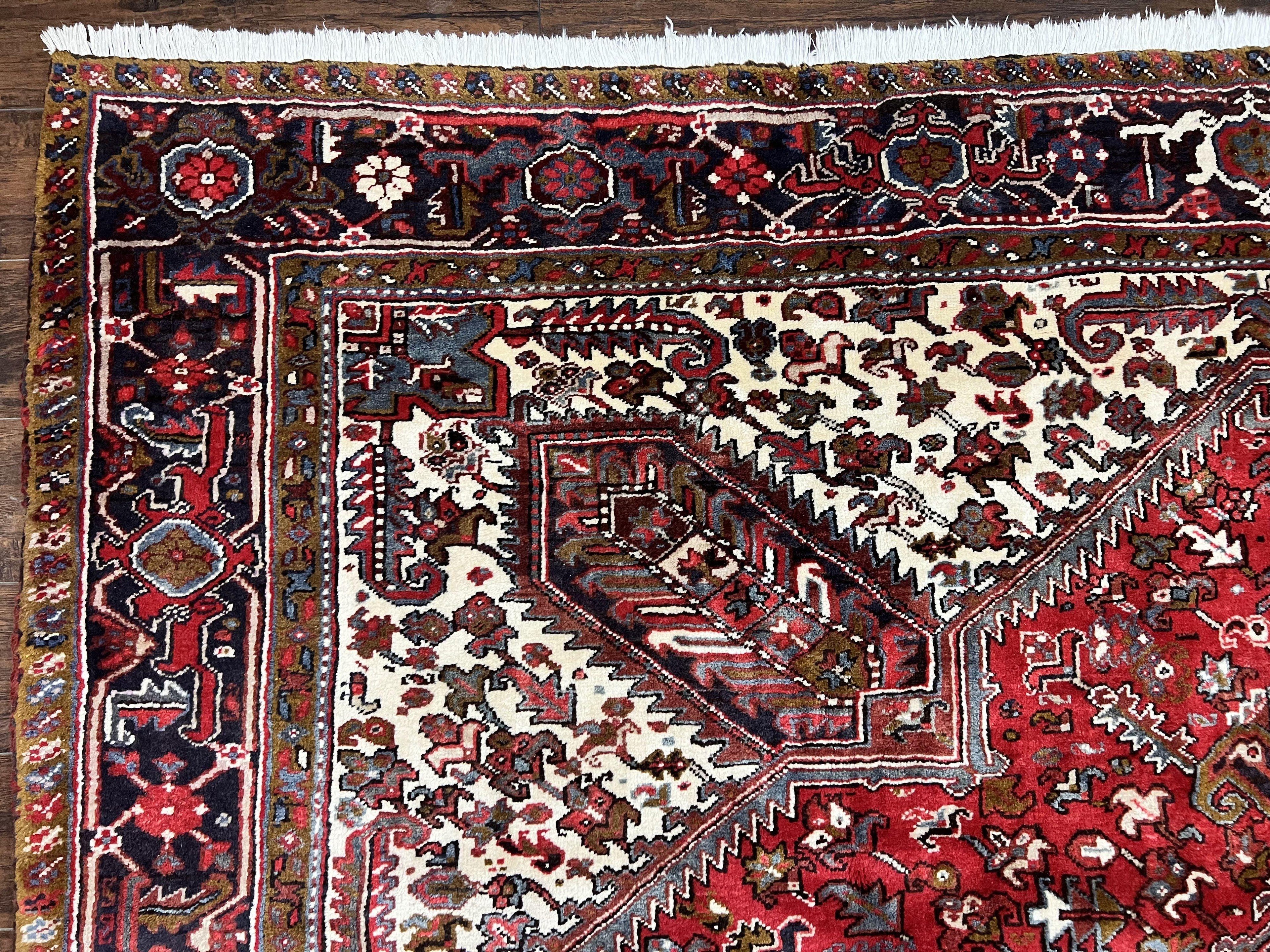 Large Persian Heriz Rug 10x13, Wool Hand Knotted Antique Carpet, Red and Ivory, Geometric Tribal Room Sized Rug, Decorative Oriental Rug
