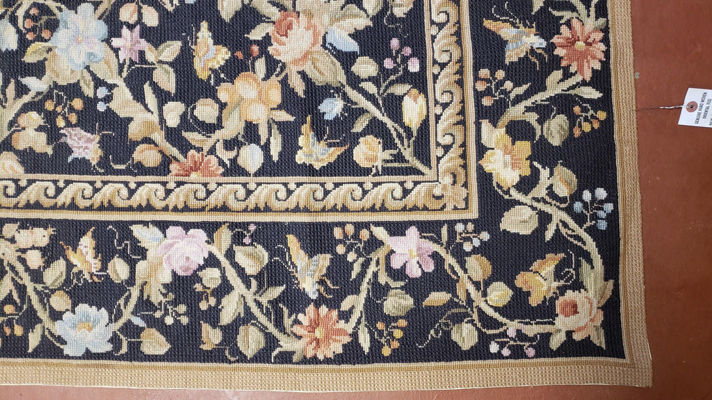 6x9 Vintage Needlepoint Rug, Petitepoint Carpet, Butterflies Floral Design