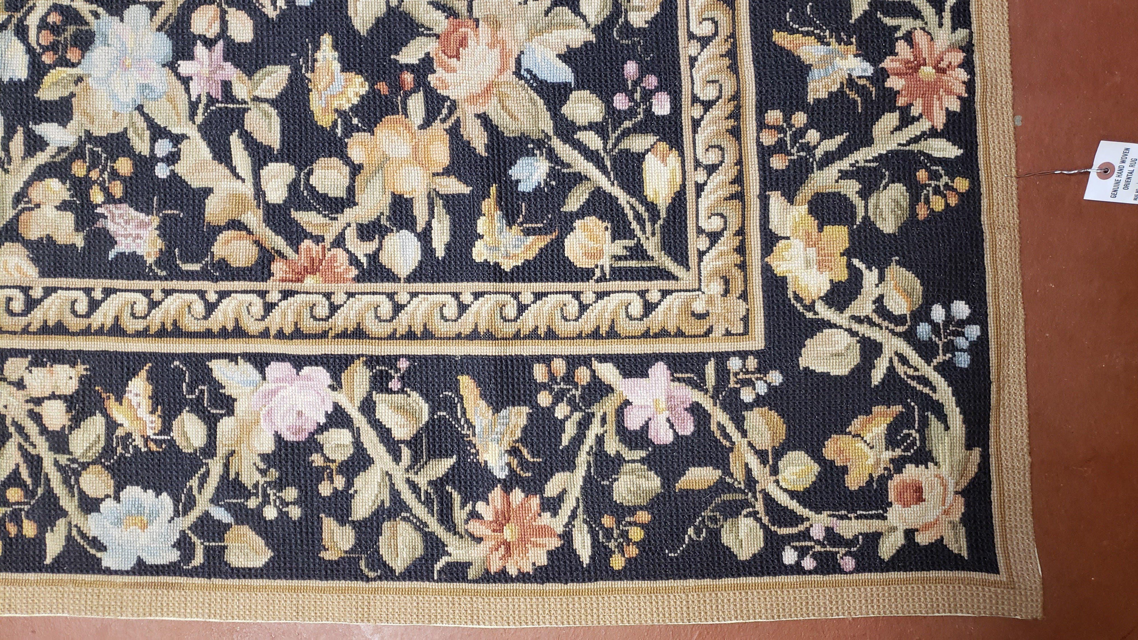 6x9 Vintage Needlepoint Rug, Petitepoint Carpet, Butterflies Floral Design