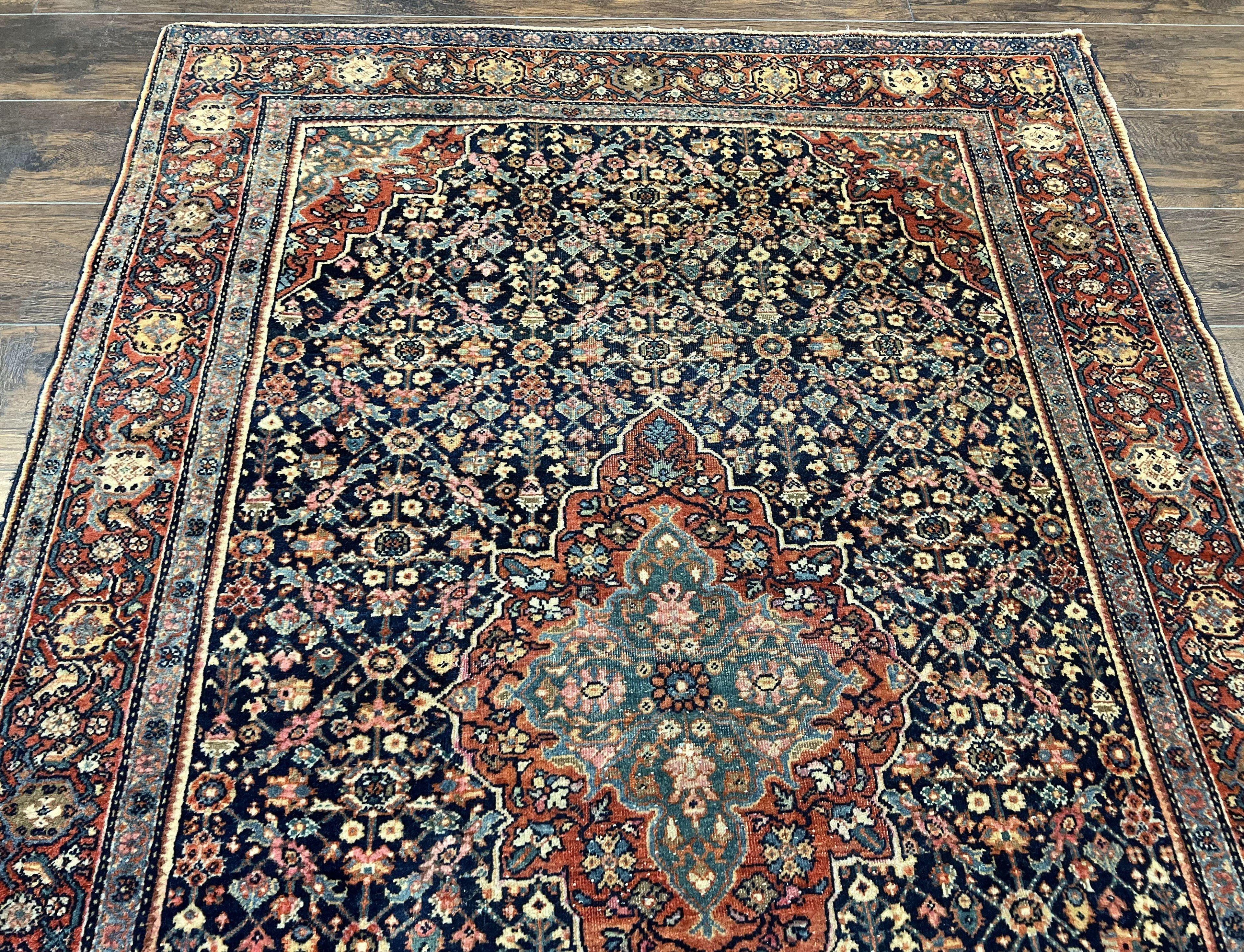 Persian Rug 4x7 Antique Sarouk Farahan Carpet, Navy Blue and Red Wool Rug