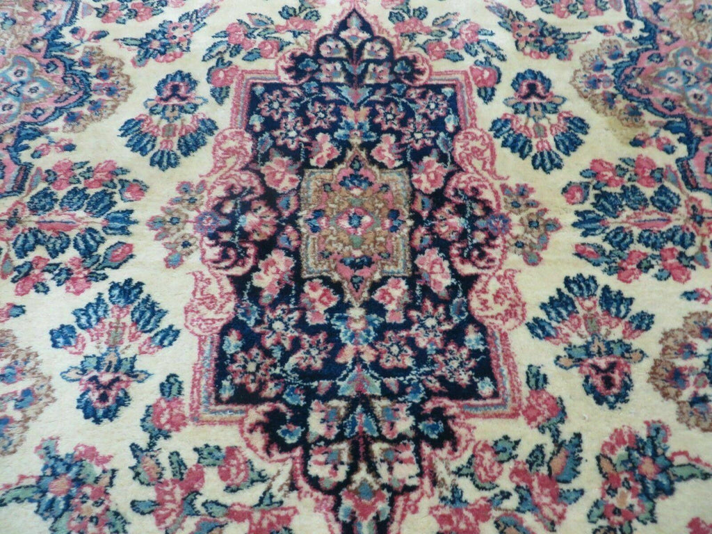 Antique Persian Kirman Rug 3.9 x 6.6, Floral Oriental Carpet, Ivory/Cream - Blue - Pink, Hand Knotted Wool Rug, Floral Medallion Rug 4x6