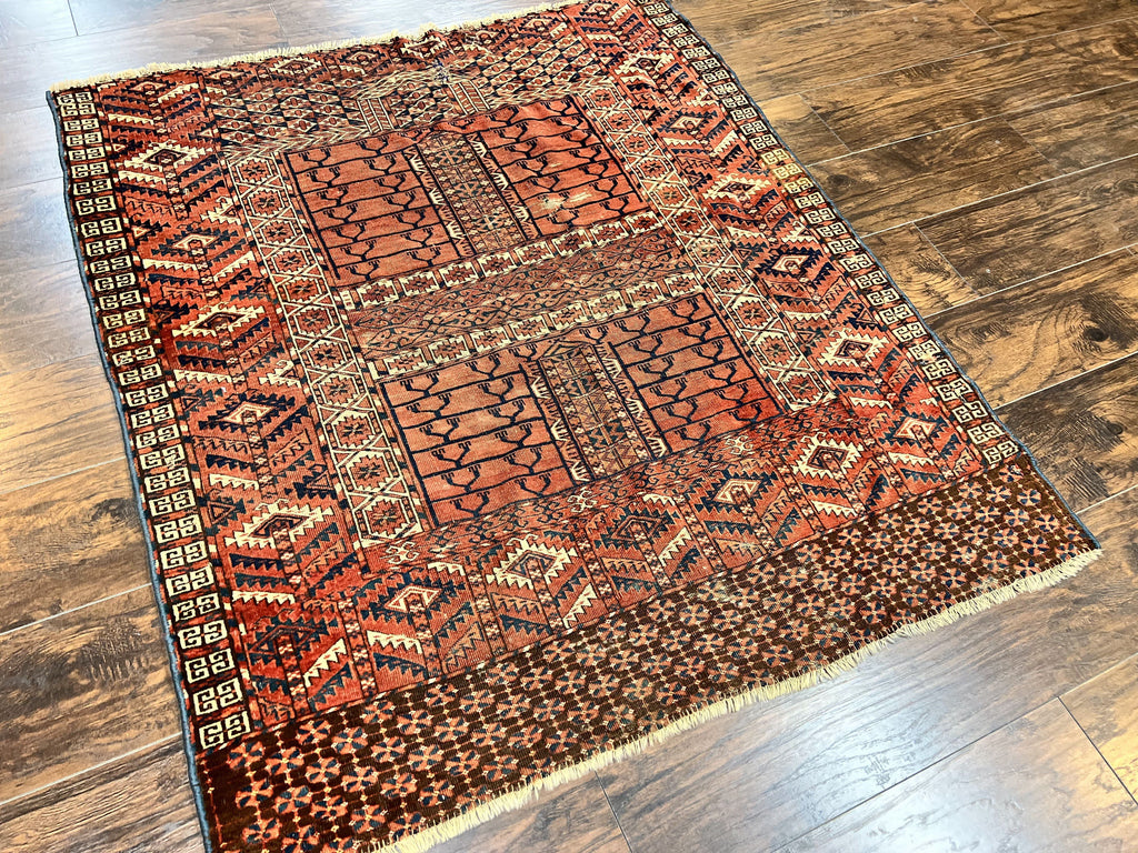 Antique Turkoman Rug 4x4, Hatchli Square Carpet, Wool Handmade Four Season Yamud Design Rug, Red Bohemian Tribal Rug, Engsi Tekkeh Rug
