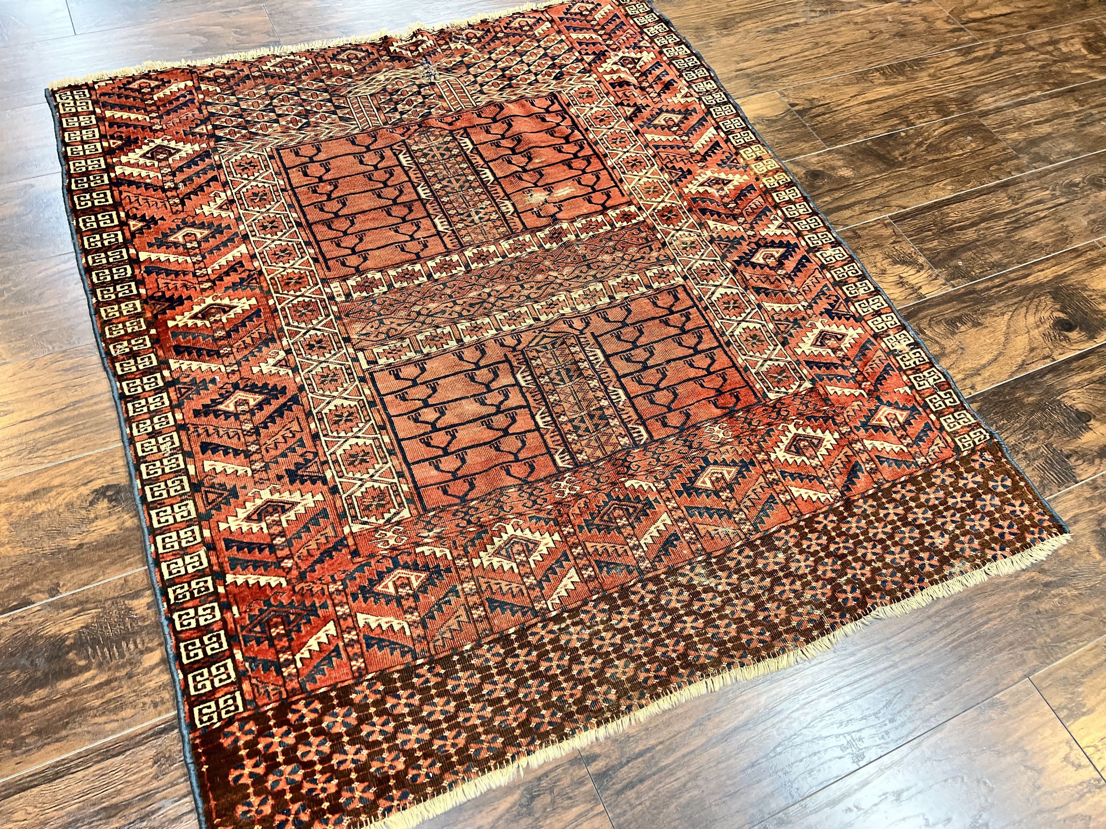 Antique Turkoman Rug 4x4, Hatchli Square Carpet, Wool Handmade Four Season Yamud Design Rug, Red Bohemian Tribal Rug, Engsi Tekkeh Rug