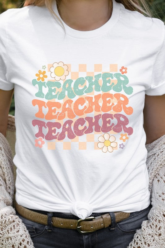 Checkered Pastel Teacher Echo Floral Graphic Tee