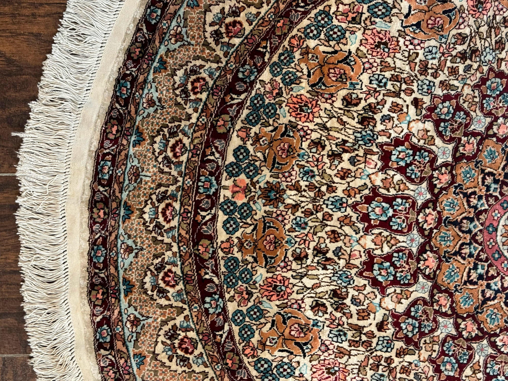 Round Silk Rug 3x3, Extremely Fine 580 KSPI, Sino Persian Round Handmade Carpet, Silk on Silk