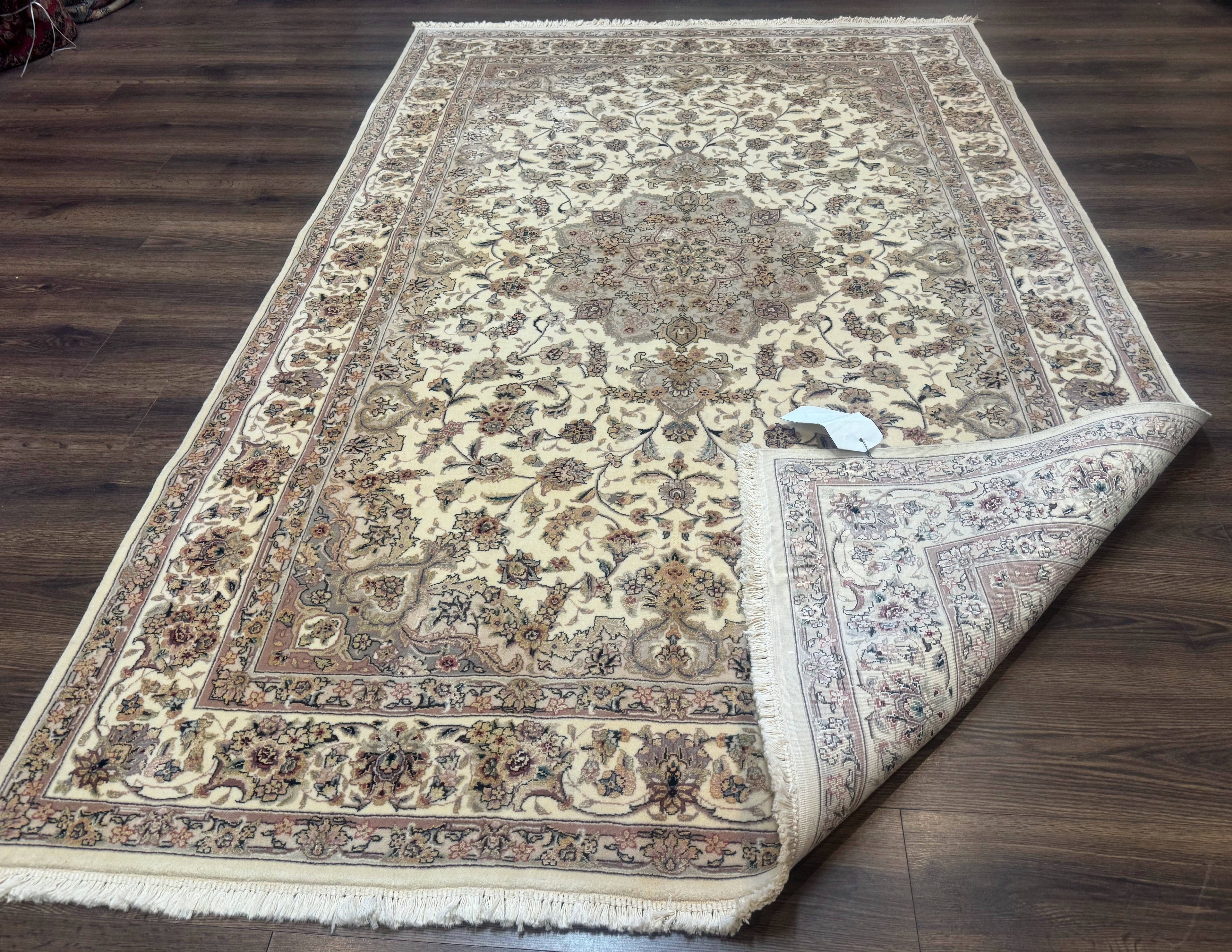 Sino Persian Rug 6x9, Floral Medallion, Ivory & Taupe, Wool with Silk Highlights, Fine 210 KPSI