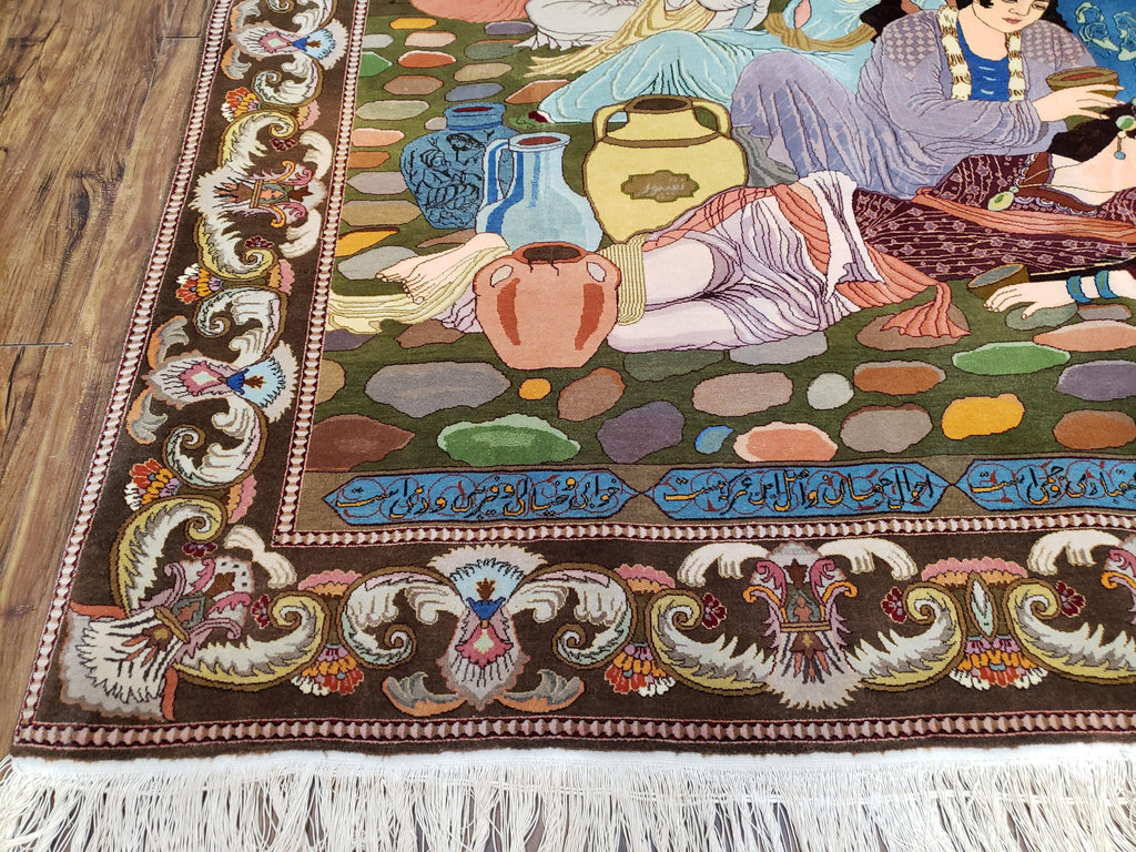 Semi Antique Persian Isfahan Pictoral Rug 4.10x6.1, Wool Handmade High Quality Decorative Carpet