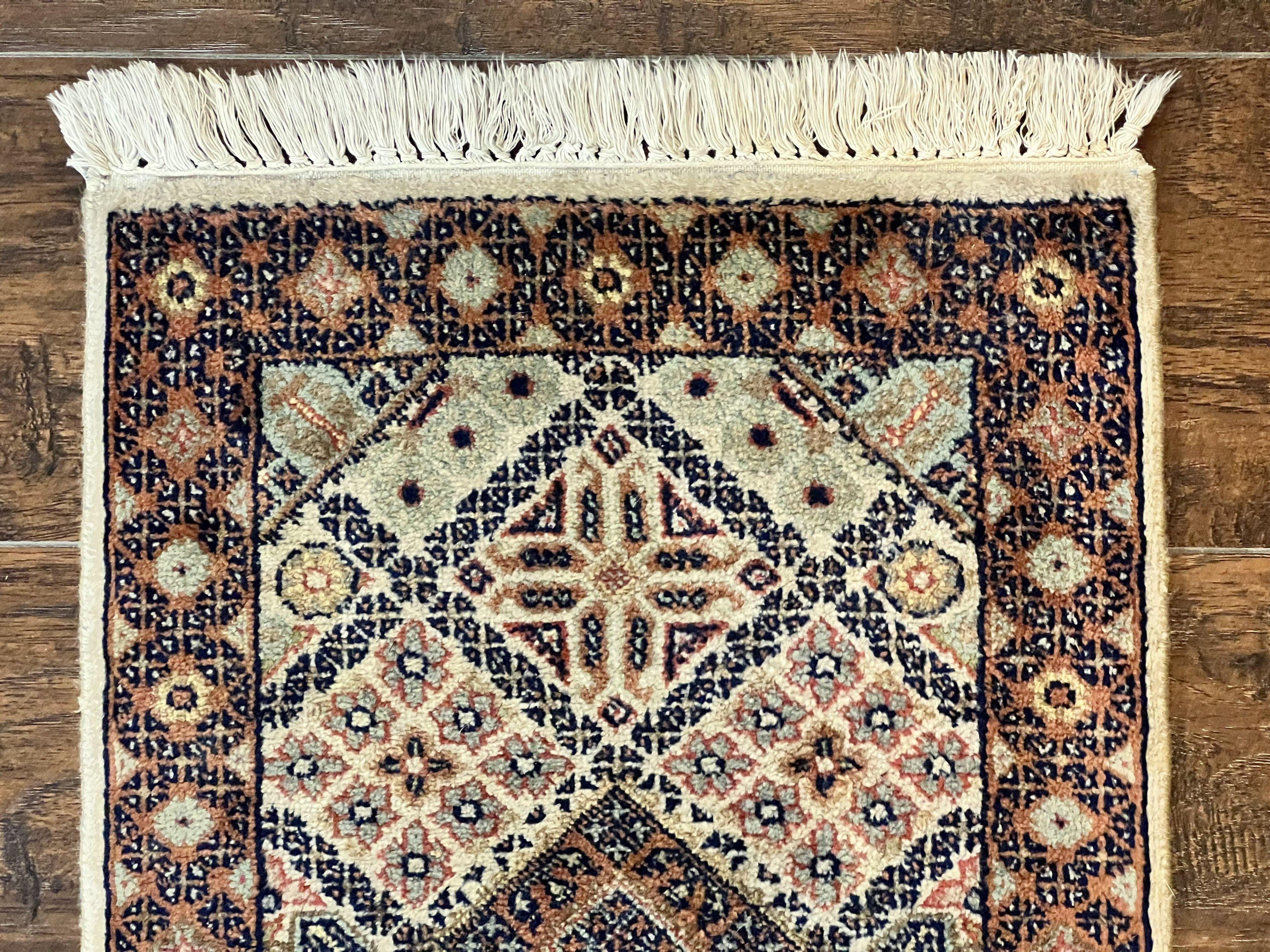 Small Indo Persian Rug 1.5 x 2, Hand Knotted Oriental Carpet, Wool Vintage Handmade, Cream Multicolor, Panel Design