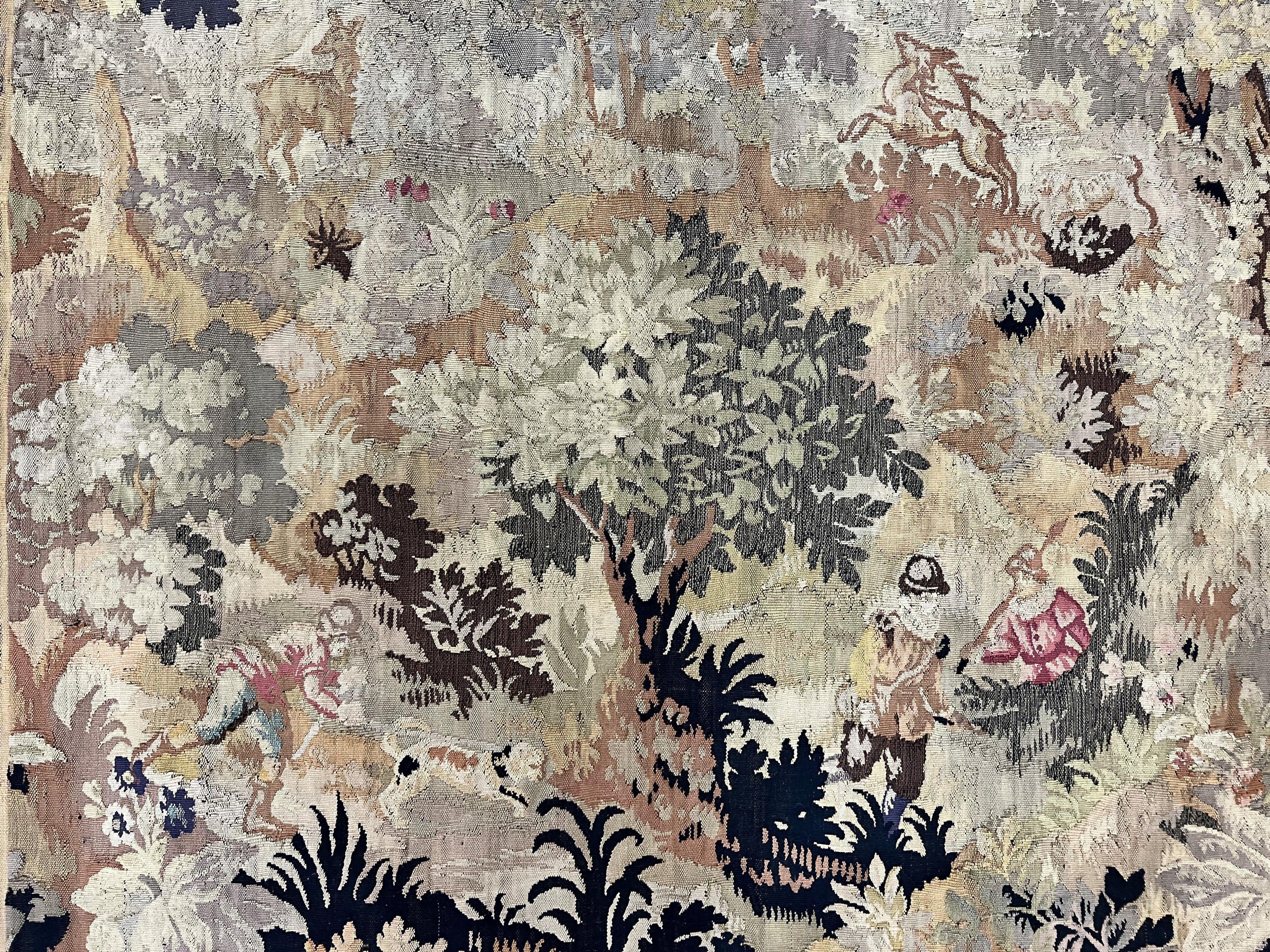 Antique French Tapestry 6x5 ft, European Handmade Wool Aubusson Weave Vintage Tapestry