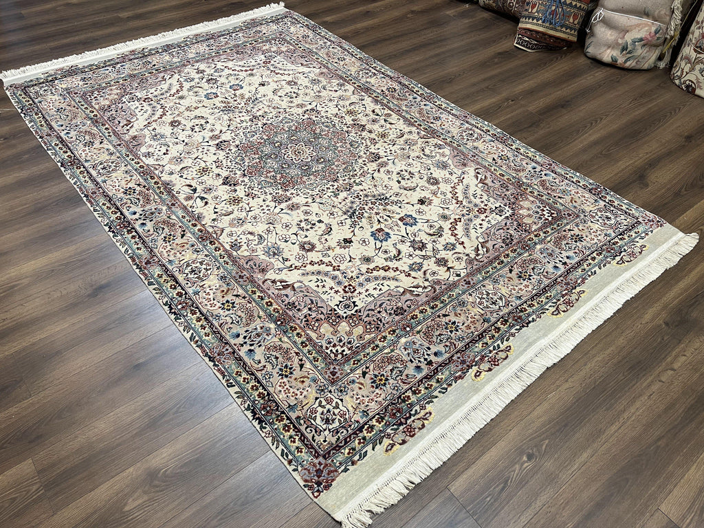 Beautiful Pak Persian Rug 6x9, Floral Medallion, Wool and Silk, Highly Detailed Elegant Carpet, Vintage Oriental Rug 6 x 9, Cream and Gray