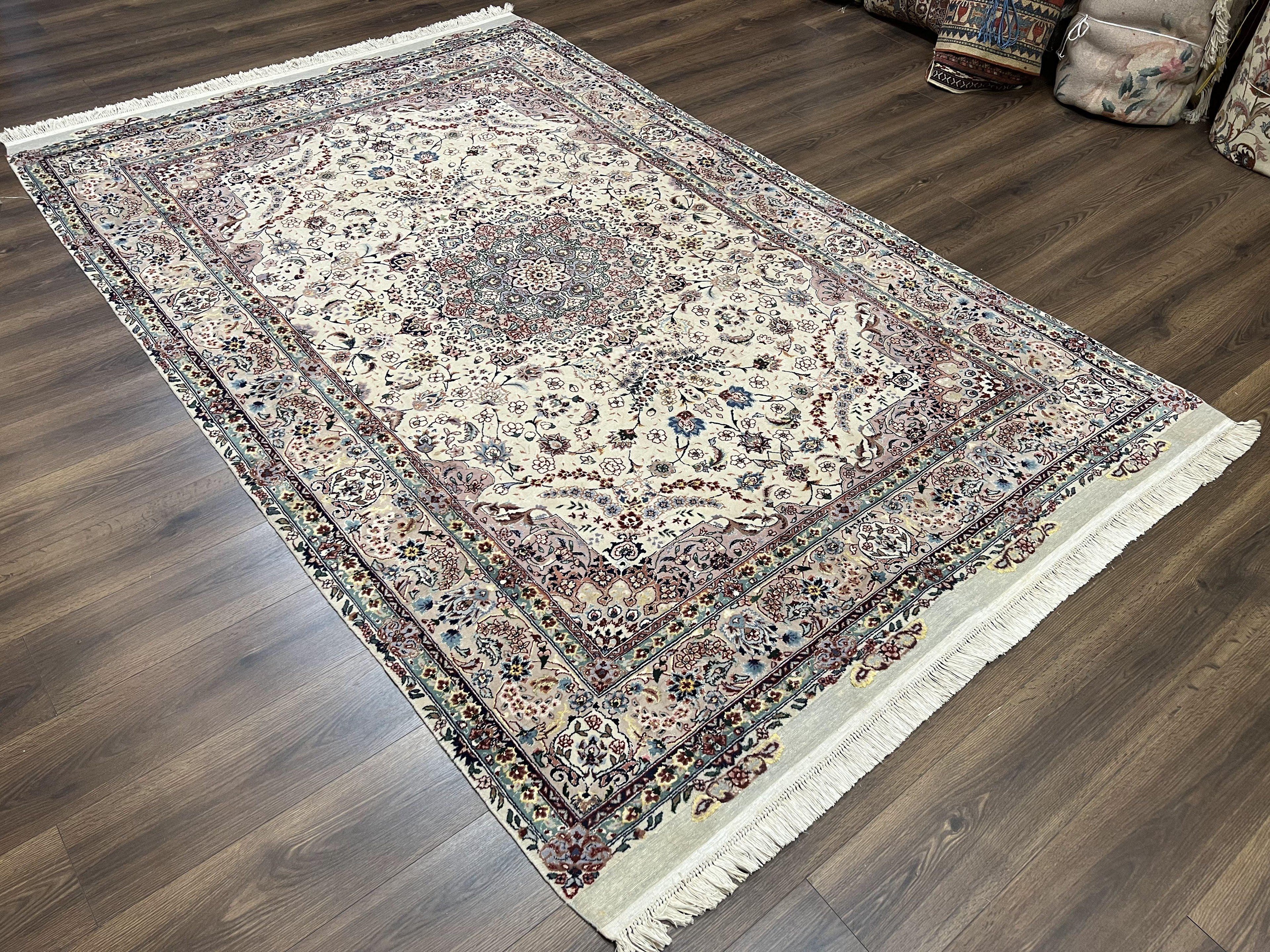 Beautiful Pak Persian Rug 6x9, Floral Medallion, Wool and Silk, Highly Detailed Elegant Carpet, Vintage Oriental Rug 6 x 9, Cream and Gray