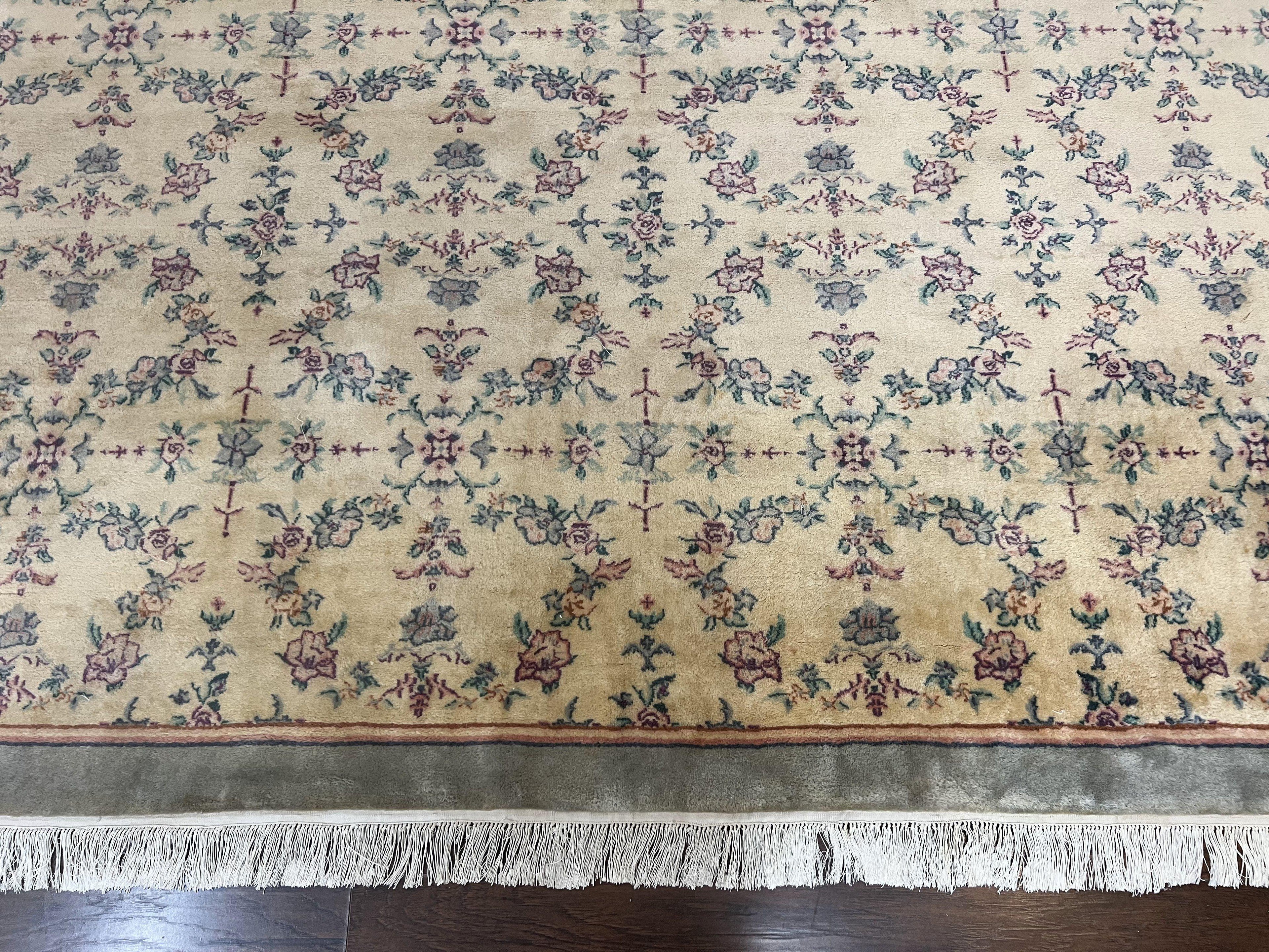 Sino Persian Rug 8x10, Floral, Oatmeal and Light Teal, Handmade Wool Vintage Carpet