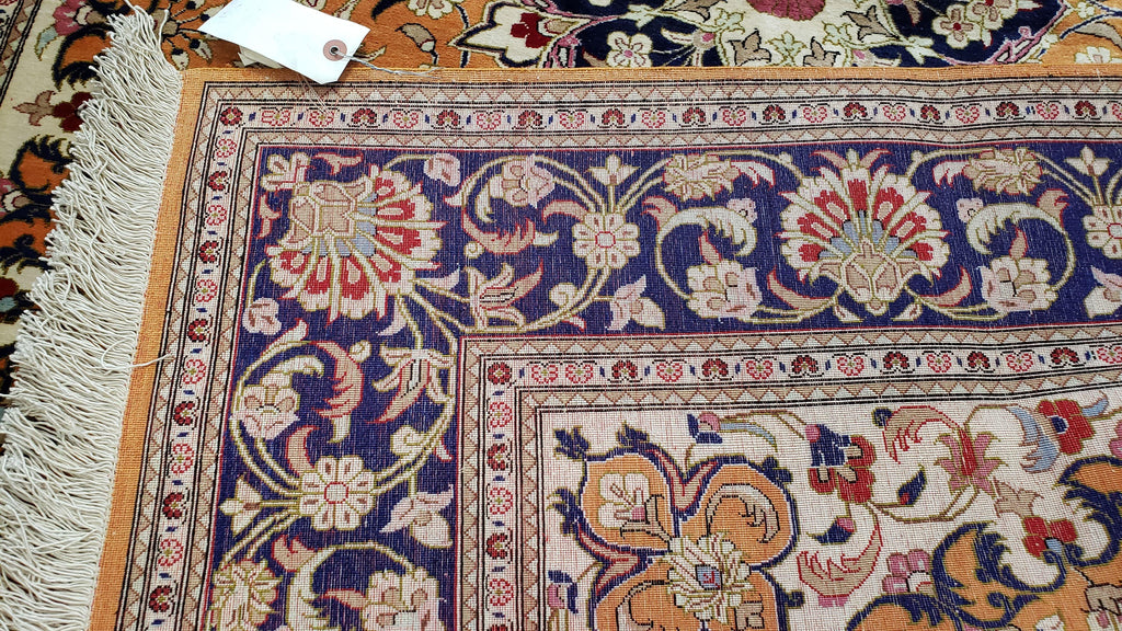Vintage Persian Qum Silk Rug 4.6 x 6.7, Burnt Orange and Navy Blue, Antique Oriental Very Fine Signature Master Weaver 350+ KPSI Ghom Qom 5x7 Rug