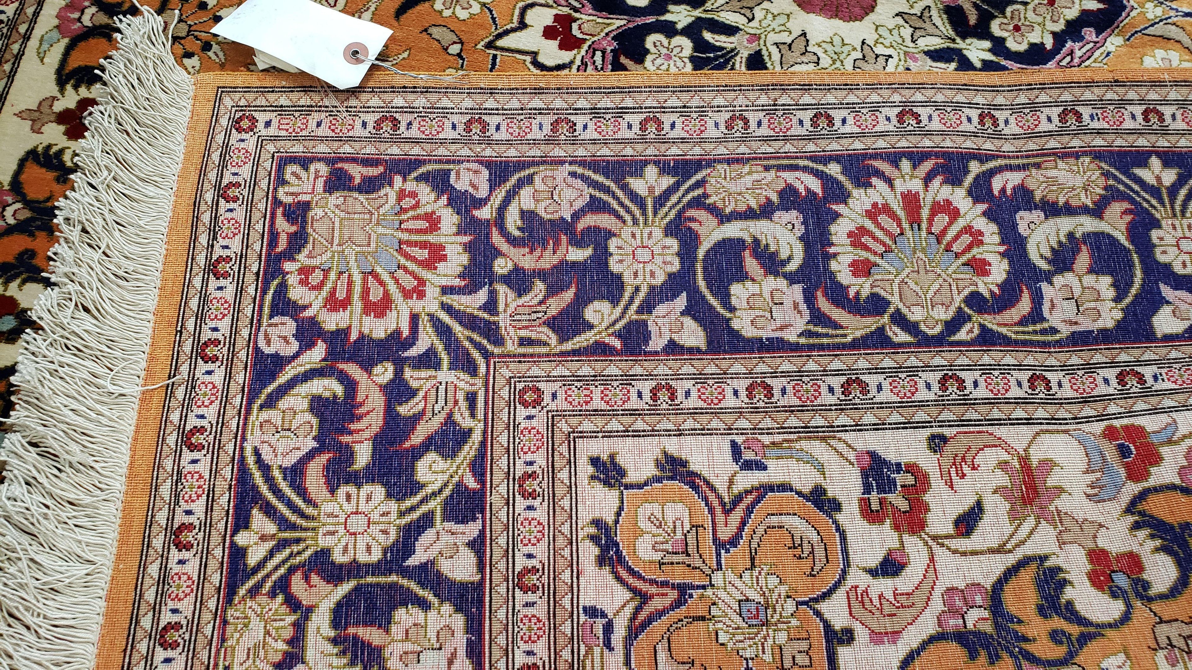 Vintage Persian Qum Silk Rug 4.6 x 6.7, Burnt Orange and Navy Blue, Antique Oriental Very Fine Signature Master Weaver 350+ KPSI Ghom Qom 5x7 Rug