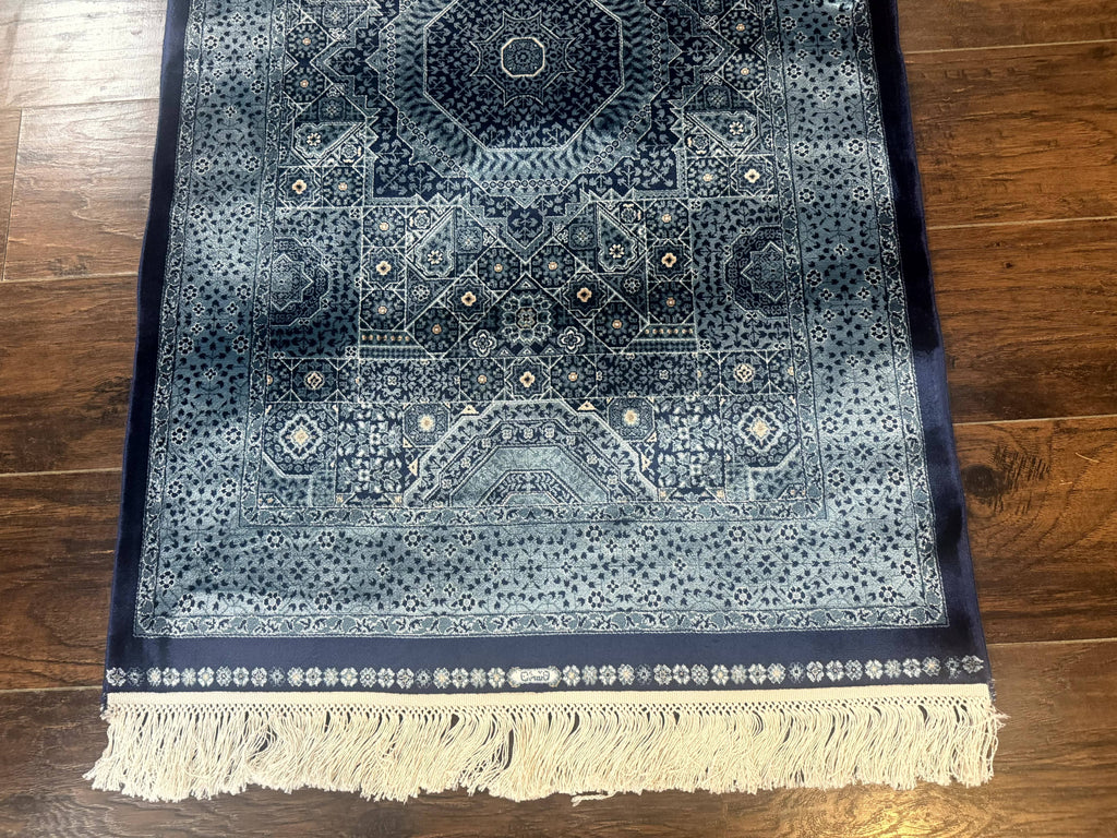 Blue Turkish Silk Hereke Rug 2.6 x 4, Mamluk Red, Blue, Bamboo Silk
