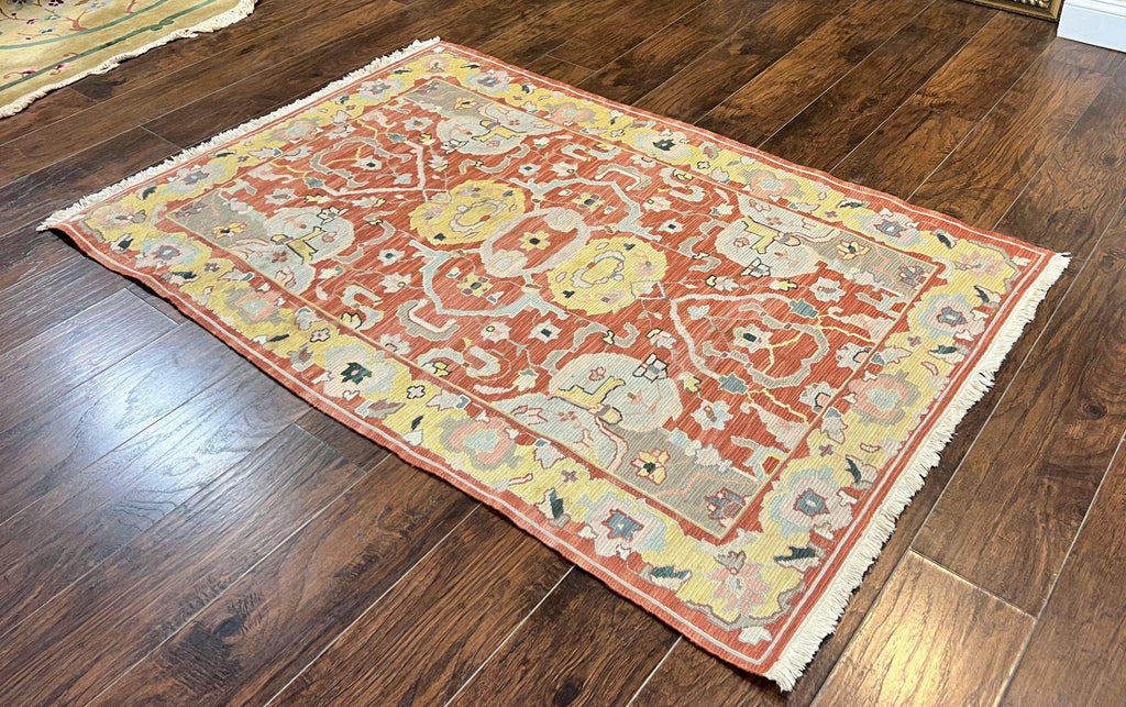 Turkish Flatweave Kilim Rug 4x6, Geometric Wool Handmade Carpet, Vintage
