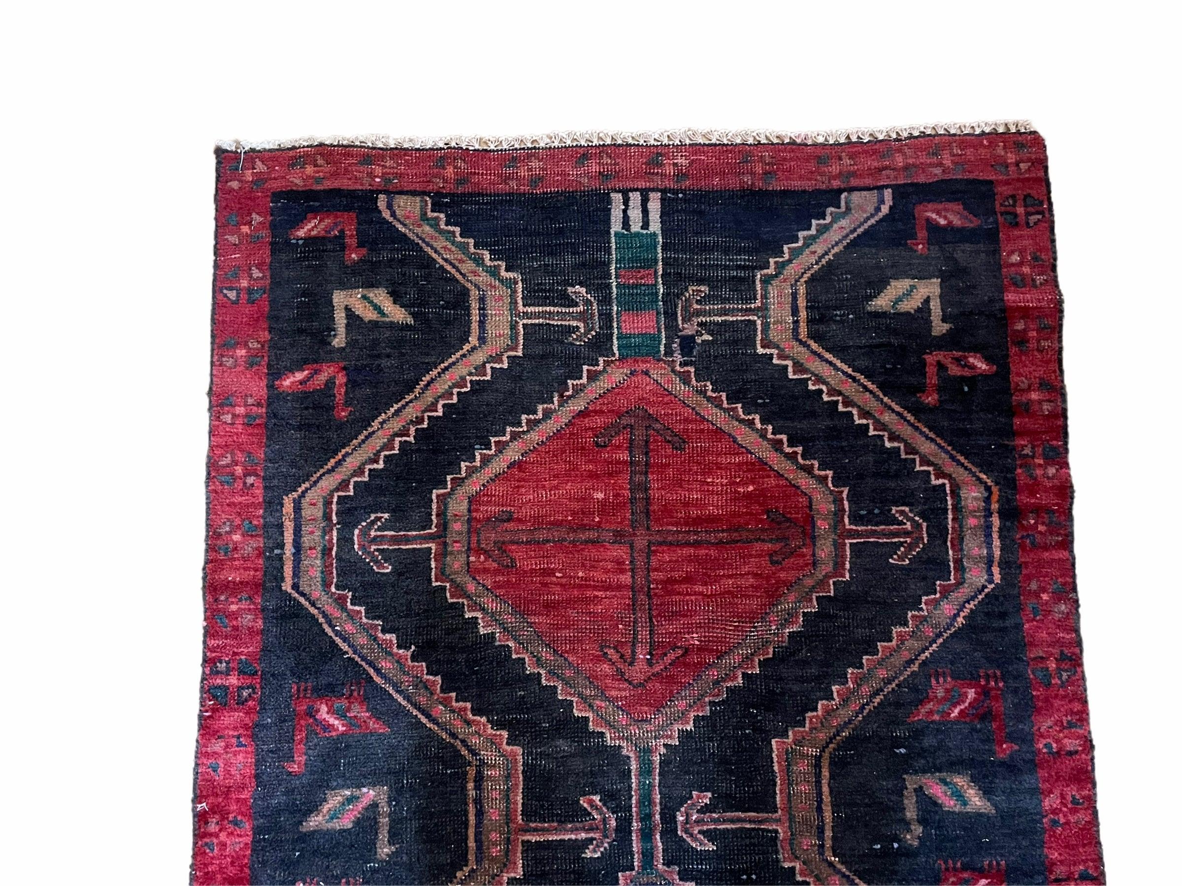 3 X 7 Handmade Wool Tribal Runner Rug Geometric Red Blue Boho Organic Dyes