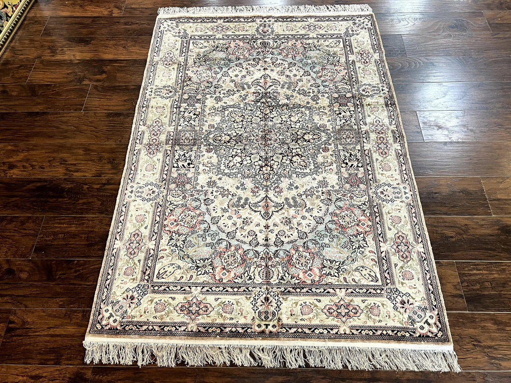 Silk Indian Kashmiri Rug 4x6, Handmade, Ivory, Fine 240 KPSI