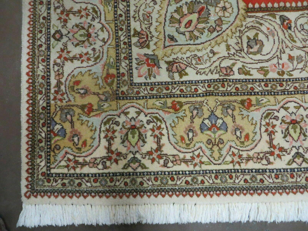 Vintage Persian Tabriz Rug 9x12, Tabatabaie Rug 9x12 Carpet, Handmade Hand Knotted Wool Area Rug, Tomato Red Beige, Medallion Rug, Floral