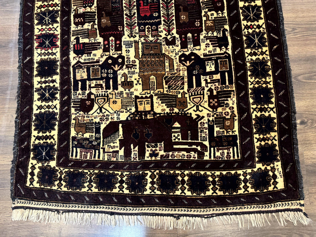 Persian Baluch Tribal Rug 4x6, Human and Bird Pictorials, Vintage, Wool, Collectible