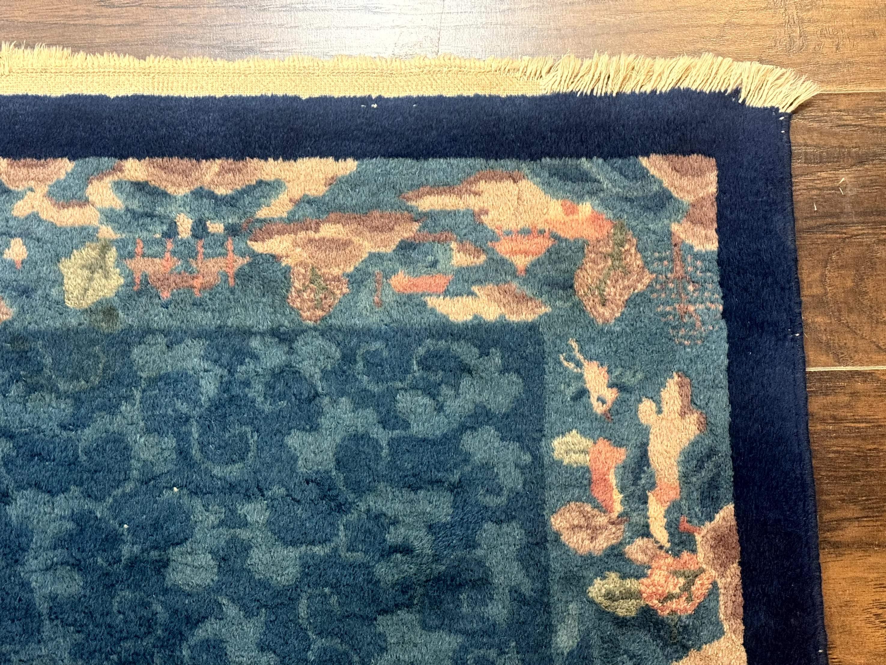 Blue Chinese Rug 2.6 x 4, Fete Rug, Peking Rug, Chinese Wool Rug, Art Deco Carpet
