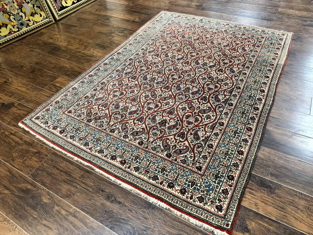 Unique Persian Qum Rug 5x7, Repeated Paisely Boteh Design, Ivory Red Blue, Handmade Antique Wool Persian Carpet, Finely Hand Knotted