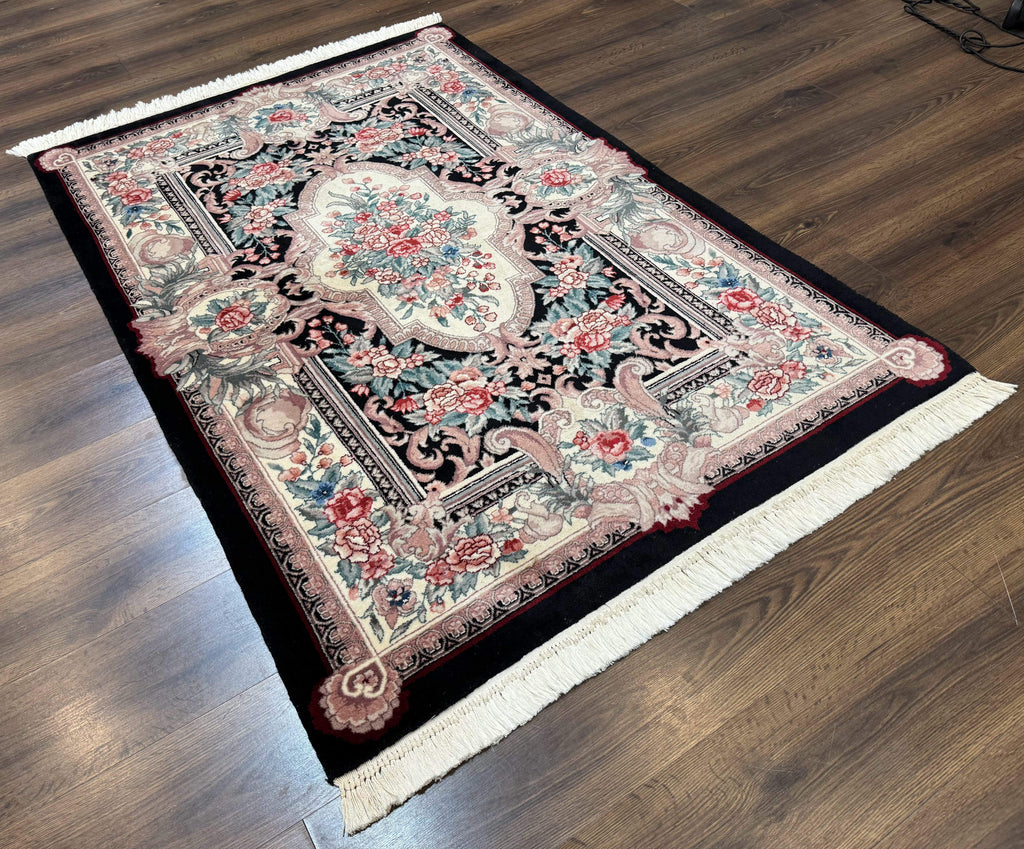 Aubusson Rug 4x6, Elegant European Floral Design, Black and Ivory, Fine 200 KPSI