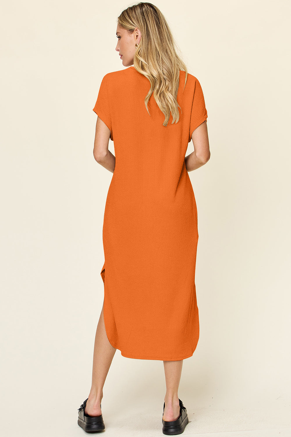 Double Take Full Size Round Neck Short Sleeve Slit Dress Stylish & Comfortable Casual Dress