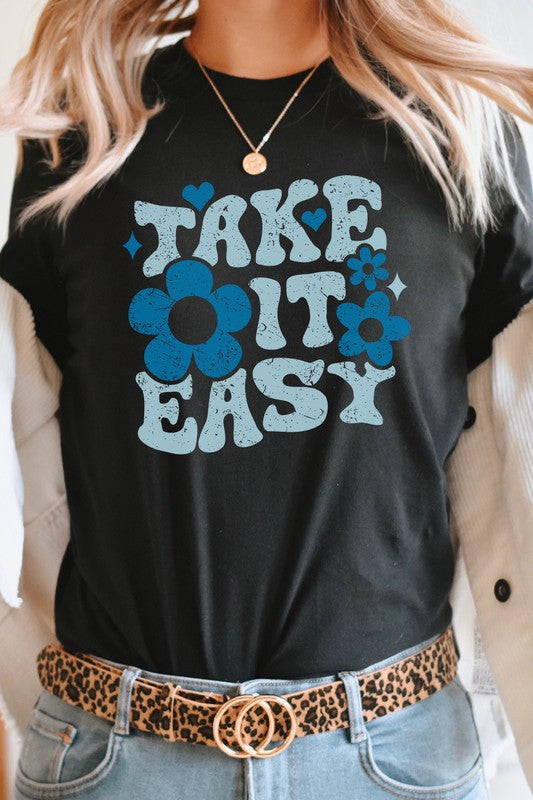 Take It Easy Floral And Hearts Spring Graphic Tee T-Shirt