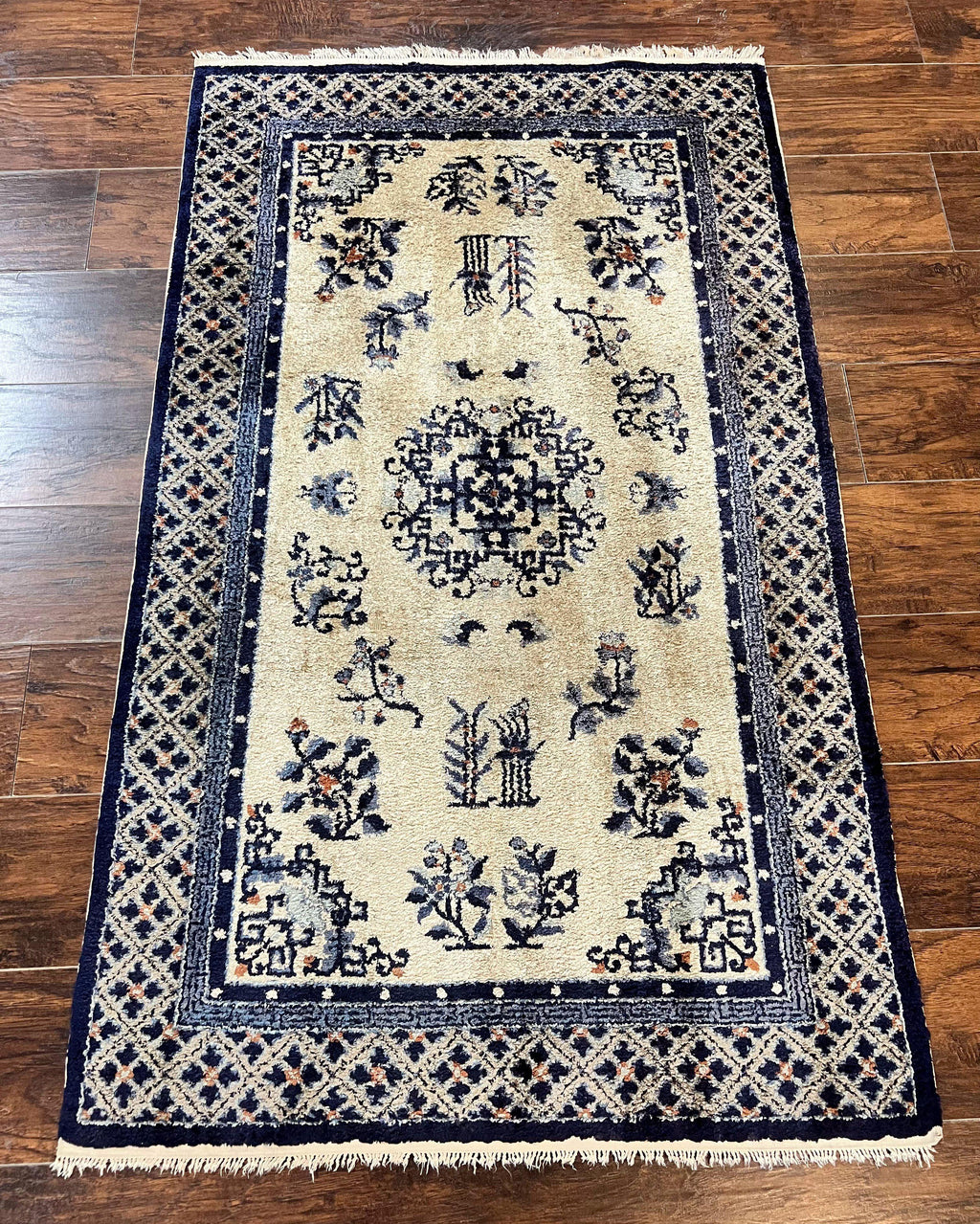 Silk Chinese Rug 3x5, Vintage Handmade Peking Carpet, Asian Oriental Art Deco Rug
