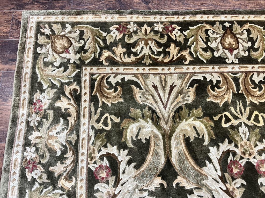 Tibetan Rug 8x10, European Design, Floral, Green, Handmade, Wool, Nepali Rug