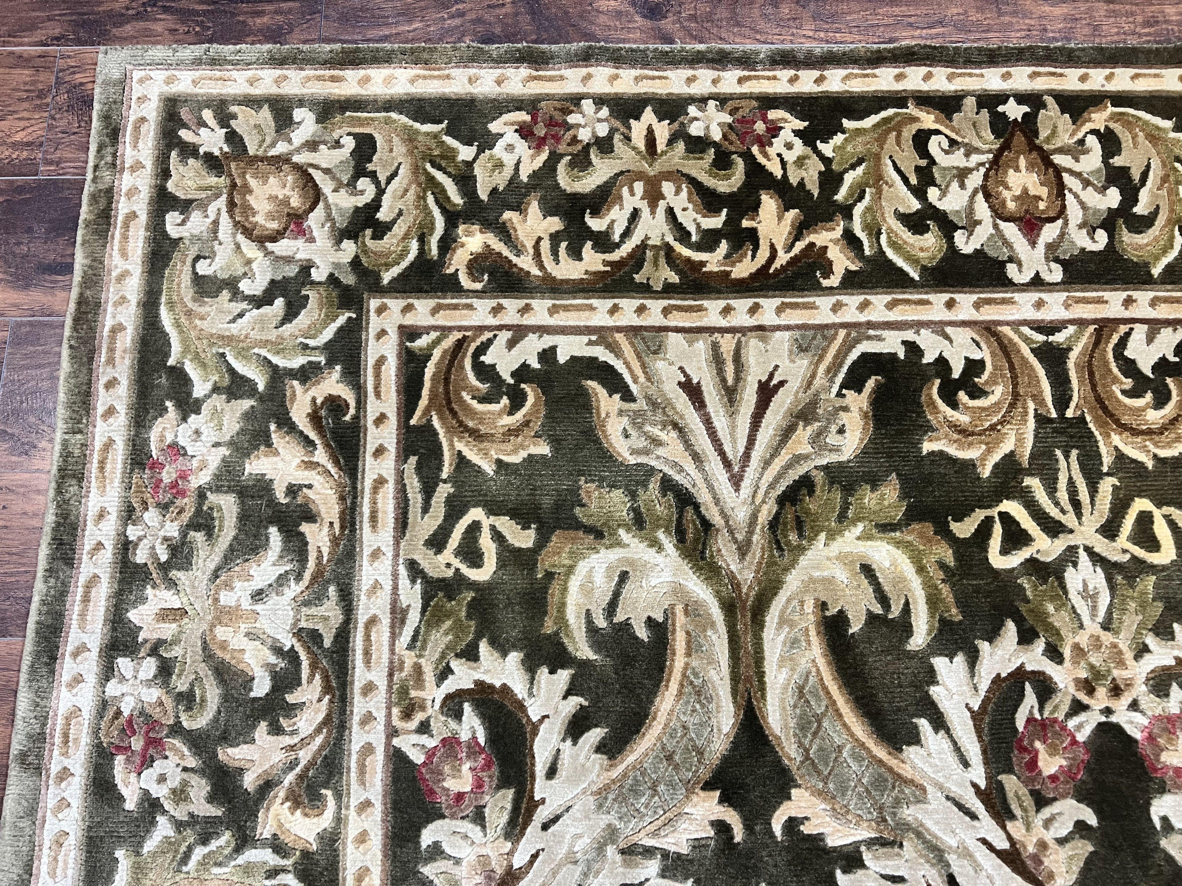Tibetan Rug 8x10, European Design, Floral, Green, Handmade, Wool, Nepali Rug