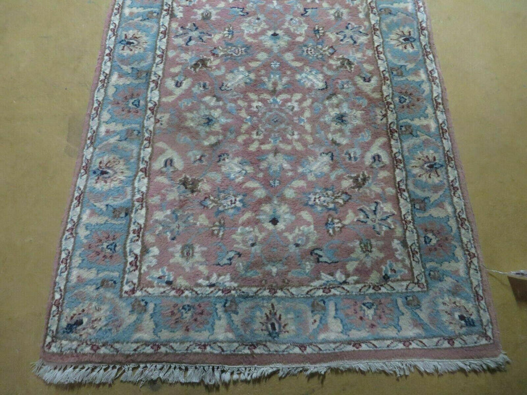 Indo Persian Runner Rug 2.8 x 12, Wool Hand Knotted, Pink and Light Blue