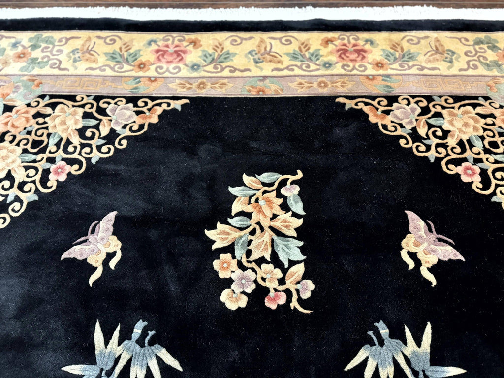 Chinese Wool Rug 9x12, Chinese Carving Carpet, Floral Medallion, Black and Beige, Butterflies, Vintage Asian Oriental Rug, 90 Line Rug