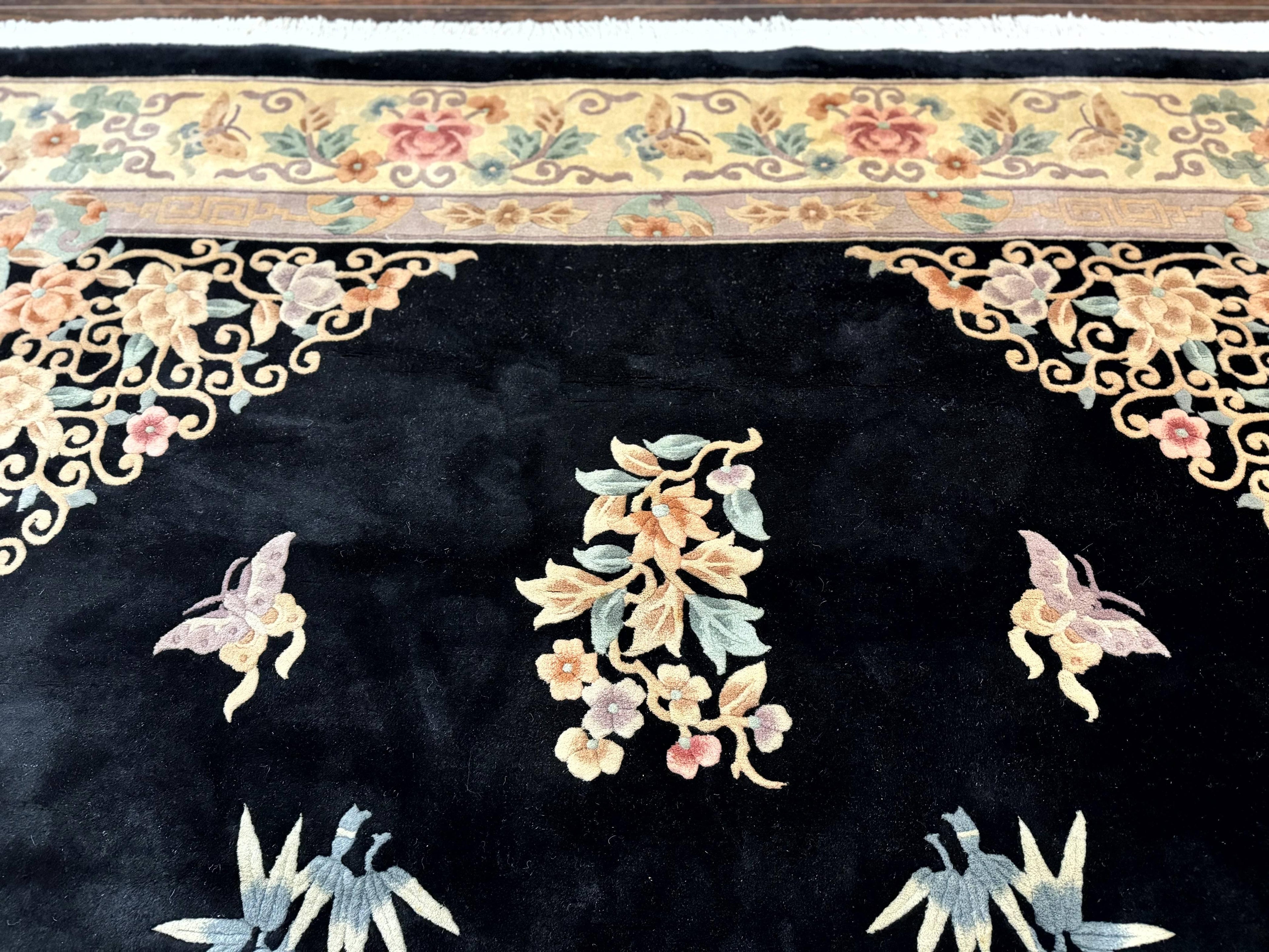 Chinese Wool Rug 9x12, Chinese Carving Carpet, Floral Medallion, Black and Beige, Butterflies, Vintage Asian Oriental Rug, 90 Line Rug