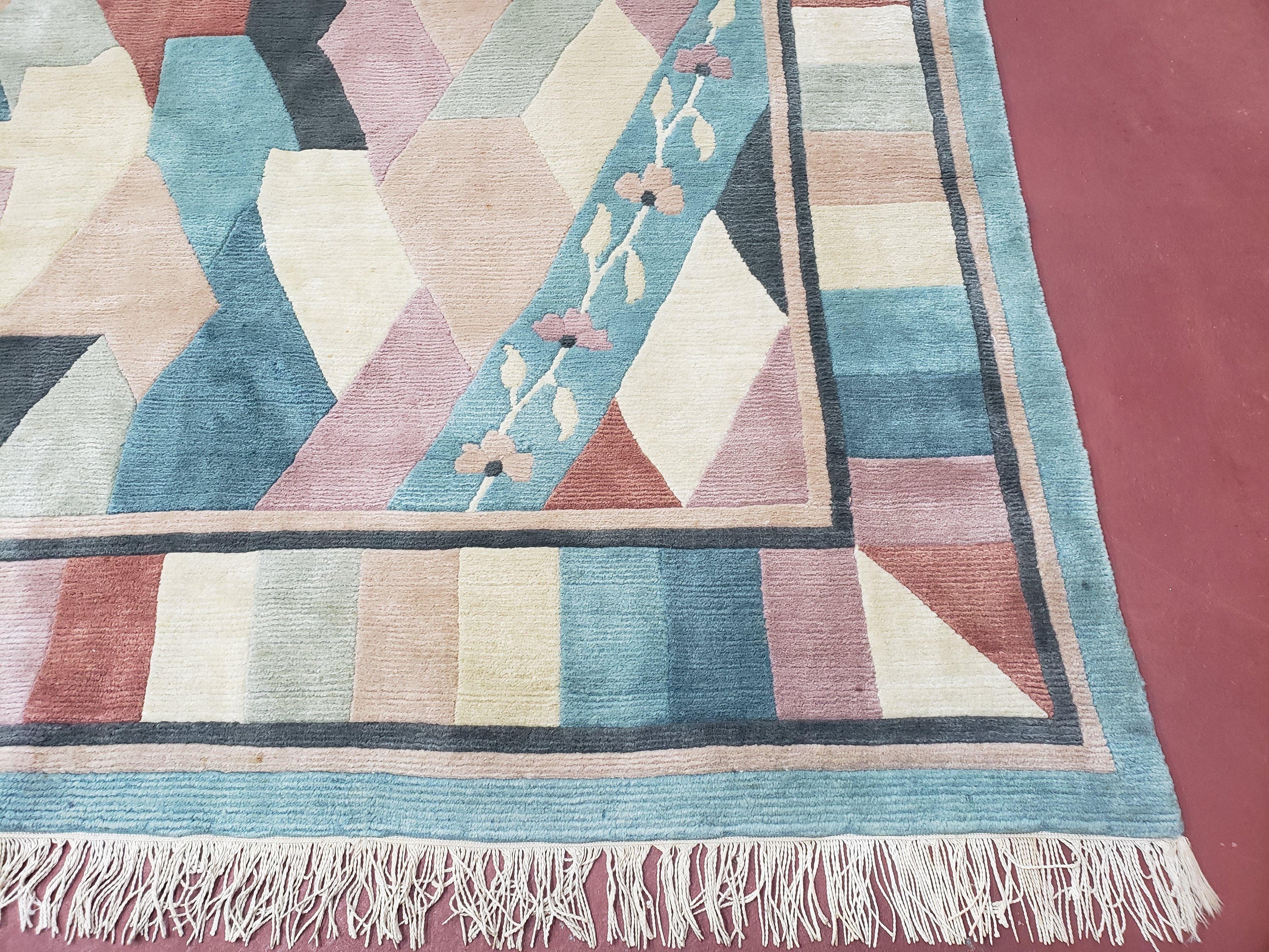 Contemporary Indian Nepalese Area Rug 8x11, Wool Hand-Knotted Modern Multicolor Nepali Abstract Carpet 8 x 11 Soft Playroom Nursery Room Rug