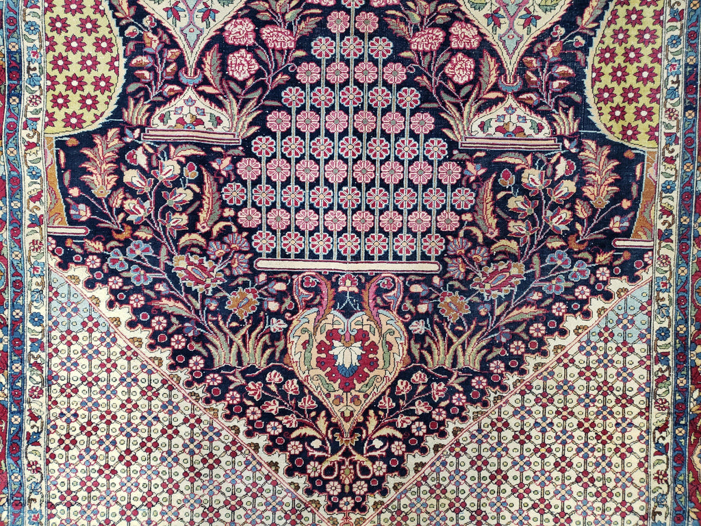 Antique Persian Tehran Rug 5x8, Midnight Blue and Red, Hand-Knotted, Wool
