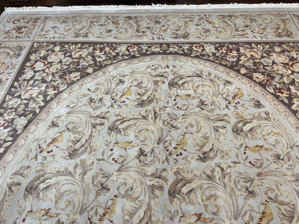 Aubusson Rug 10x14, Wool & Silk Highlights Hand Knotted Vintage Carpet, Birds Flowers, Fine Details, Elegant