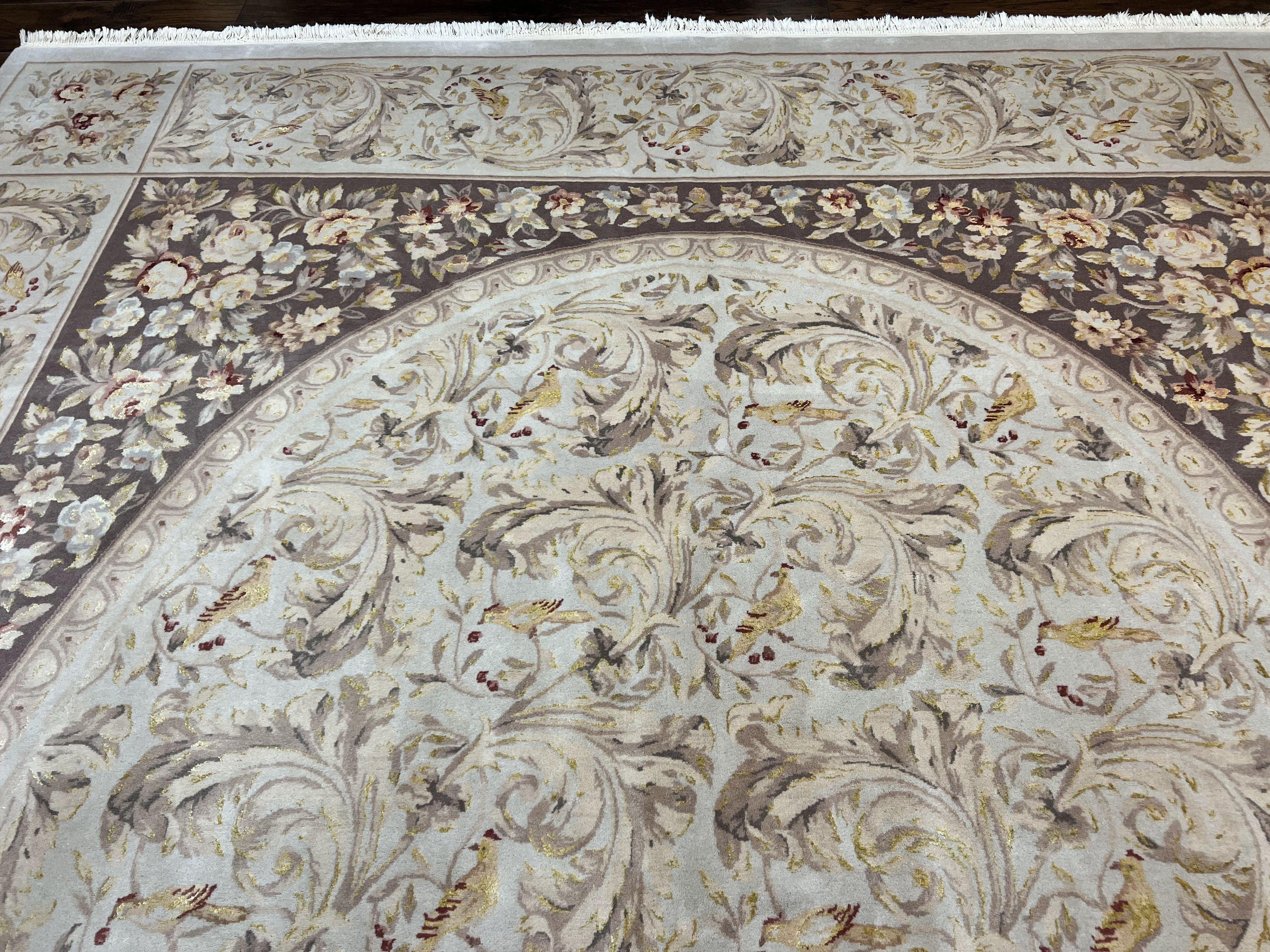 Aubusson Rug 10x14, Wool & Silk Highlights Hand Knotted Vintage Carpet, Birds Flowers, Fine Details, Elegant