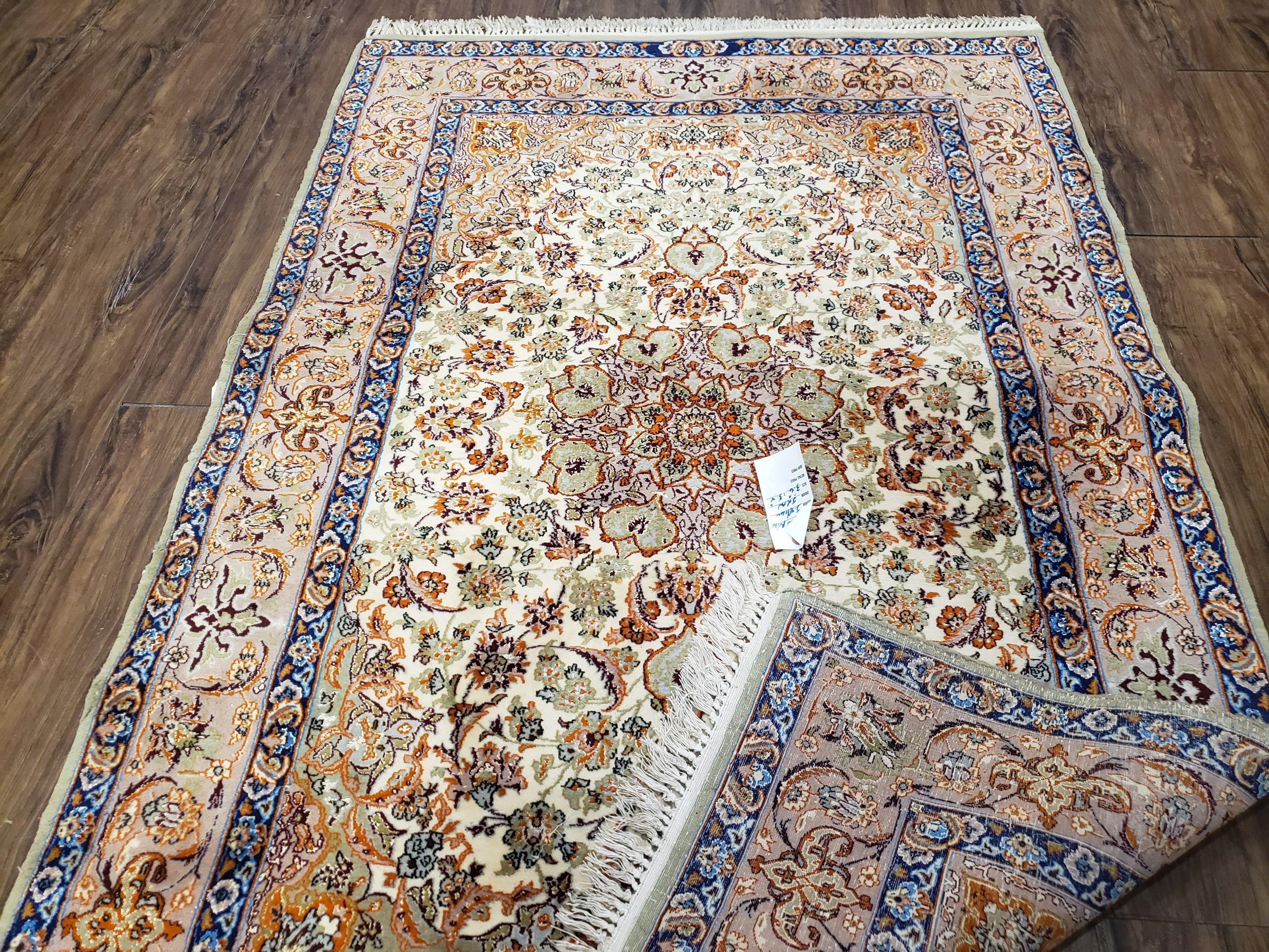 Vintage Persian Isfahan Lachak Toranj Rug, Highly Detailed, Kork Wool on Silk Foundation, Beige and Dark Blue, Hand-Knotted, 3'6" x 5' 4"