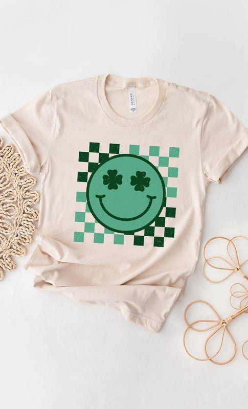 Checker Clover Smiley St Patrick PLUS Graphic Tee T-Shirt
