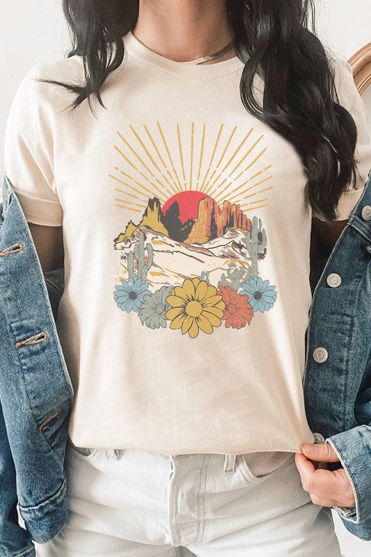 Desert Sunset Arches Floral Cacti Boho Graphic Tee T-Shirt