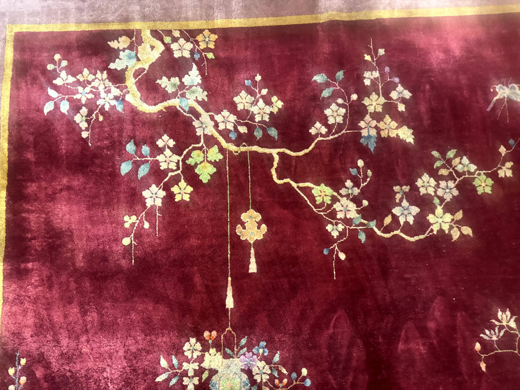 Red Chinese Art Deco Rug 9x11, Simple Design, Wool Chinese Area Rug, Antique